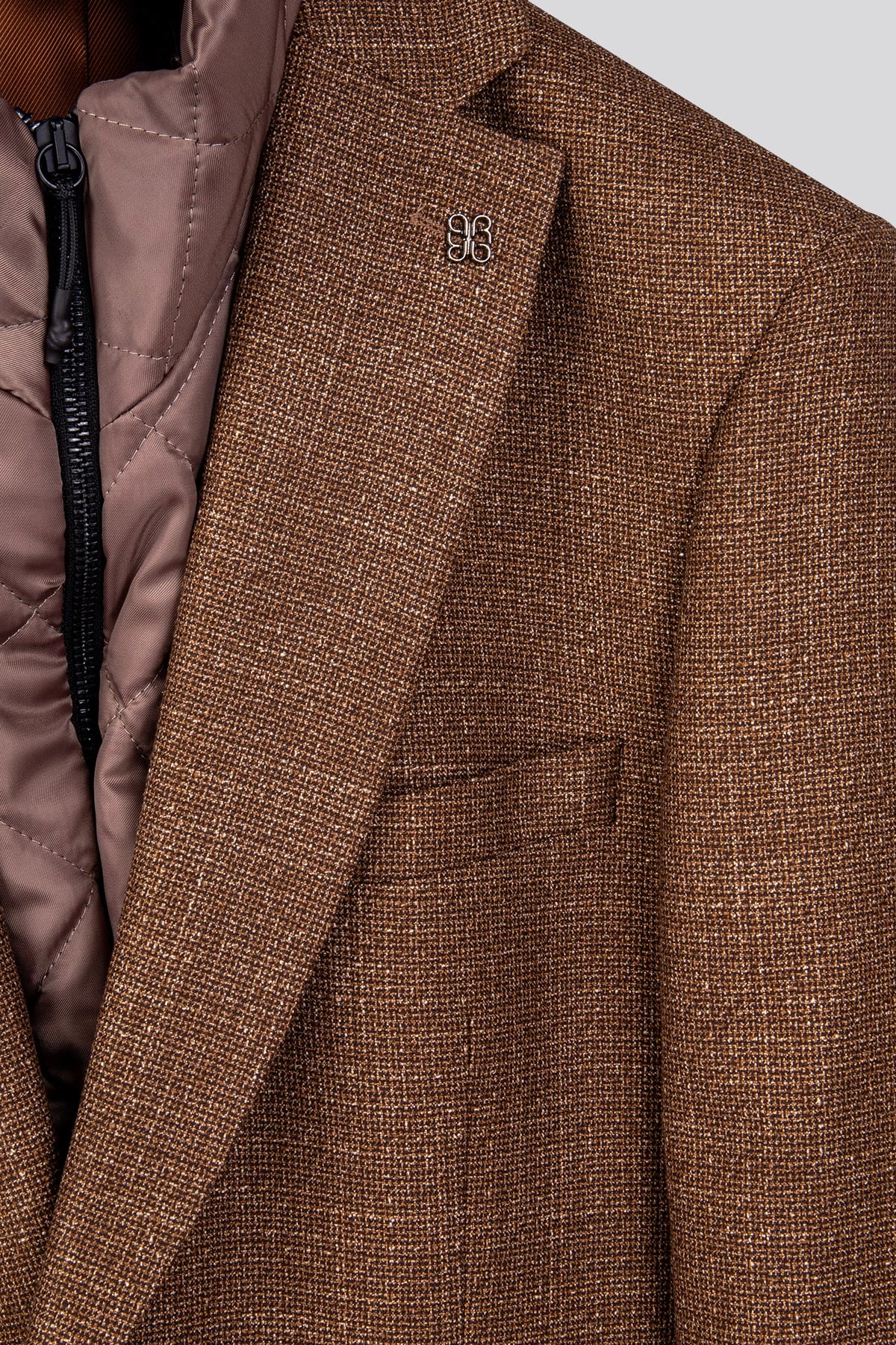 Erkek Slim Fit Mono Yaka Çıkarılabilir Kapitone Astarlı Açık Kahverengi Ceket