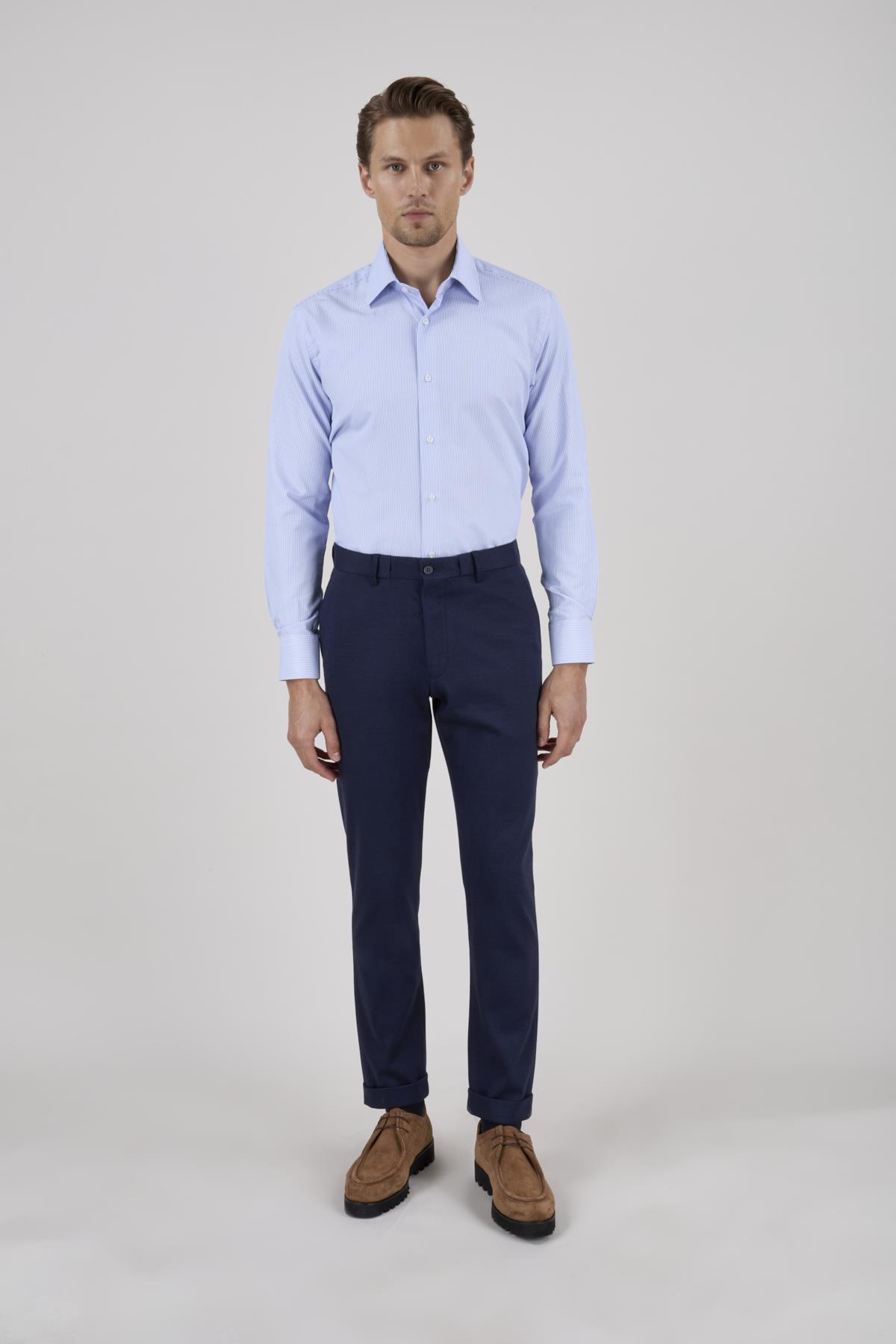 Erkek Açık Lacivert Slim Fit Bağcıklı Pantolon