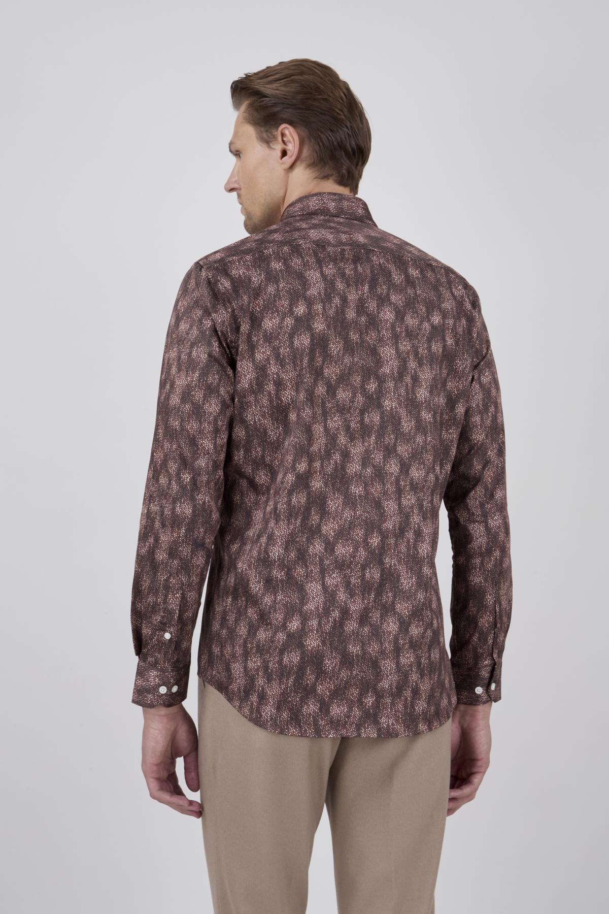 Erkek Slim Fit Desenli Kahverengi Gömlek