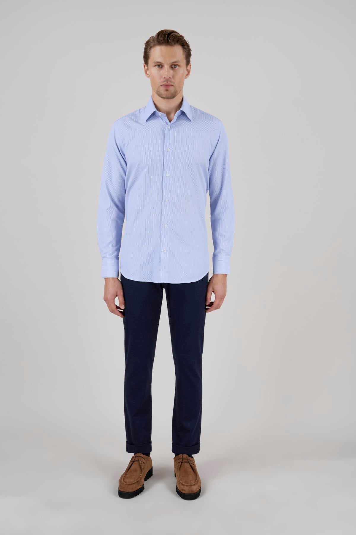 Erkek Slim Fit Çizgili Açık Lacivert Gömlek