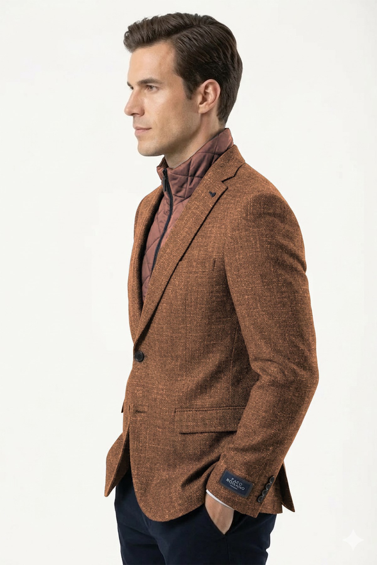 Erkek Slim Fit Mono Yaka Çıkarılabilir Kapitone Astarlı Açık Kahverengi Ceket