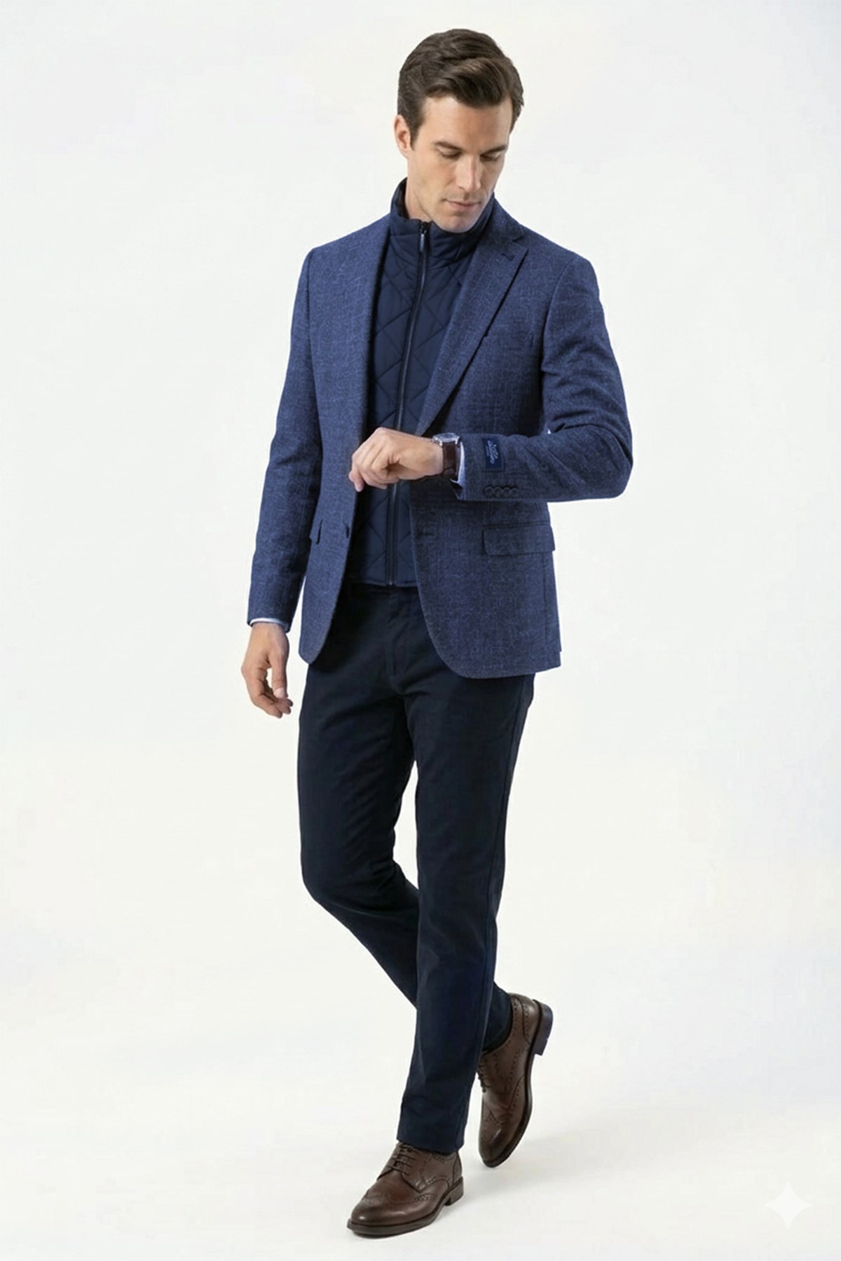 Erkek Slim Fit Mono Yaka Çıkarılabilir Kapitone Astarlı Açık Lacivert Ceket