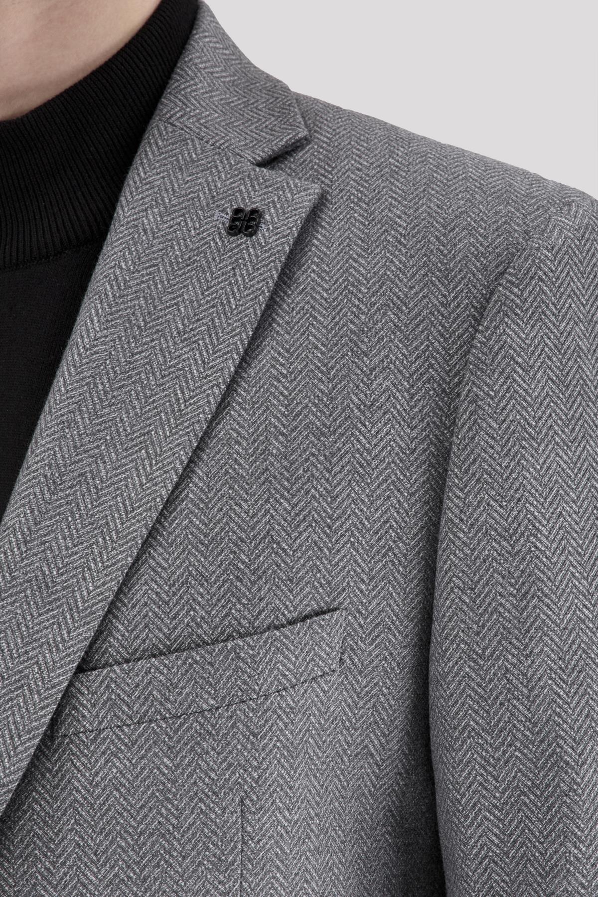 Erkek Slim Fit Mono Yaka Balık Sırtı Açık Gri Ceket