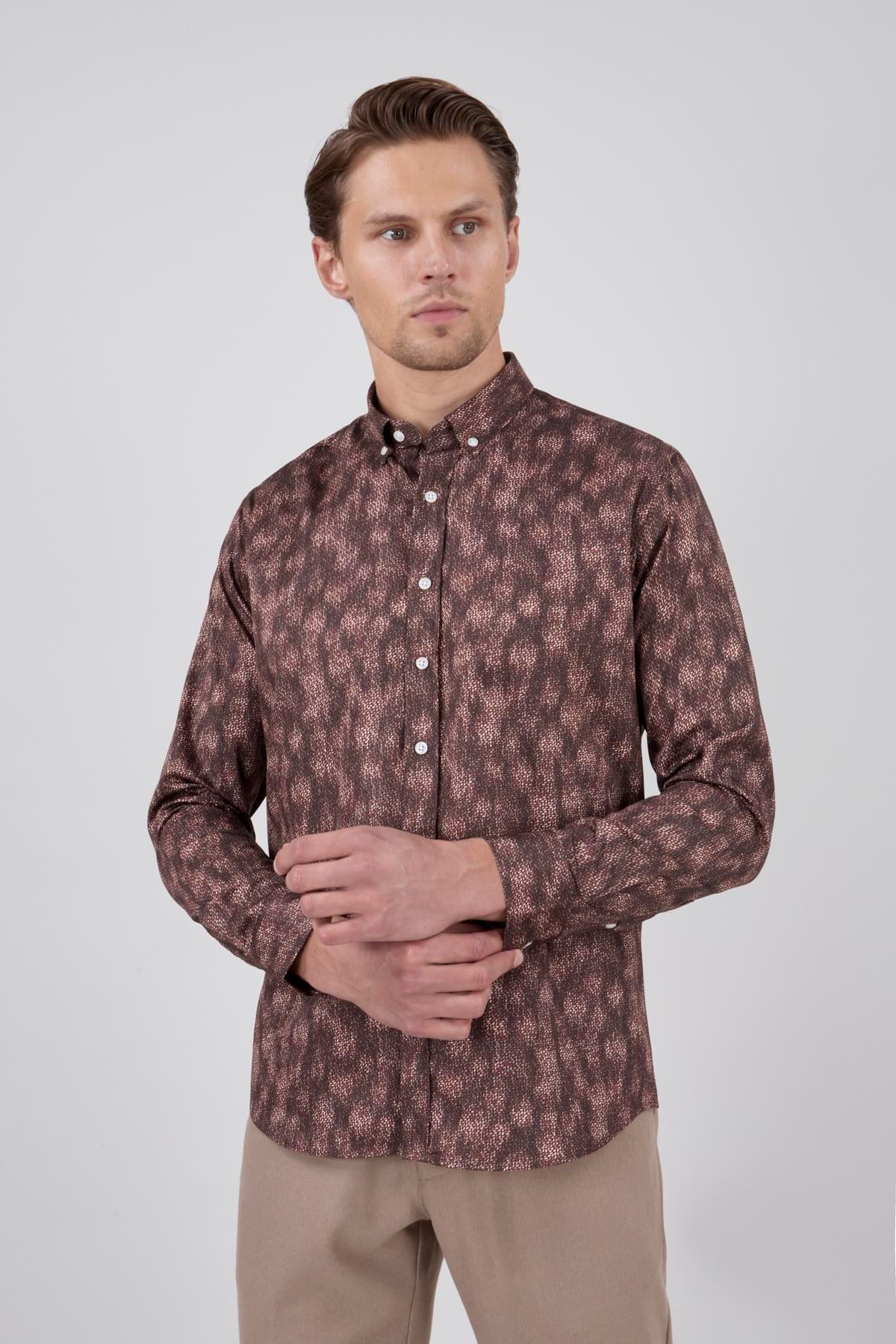 Erkek Slim Fit Desenli Kahverengi Gömlek