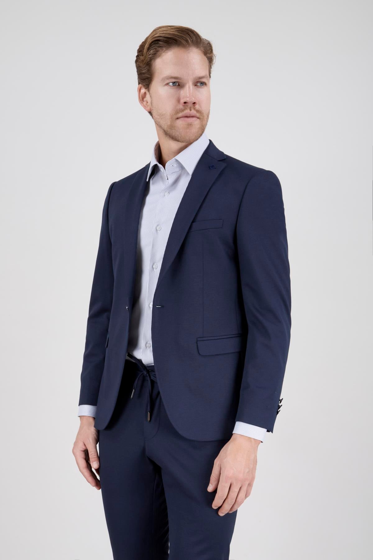 Erkek Slim Fit Mono Yaka Açık Lacivert Yarım Astar Takım Elbise