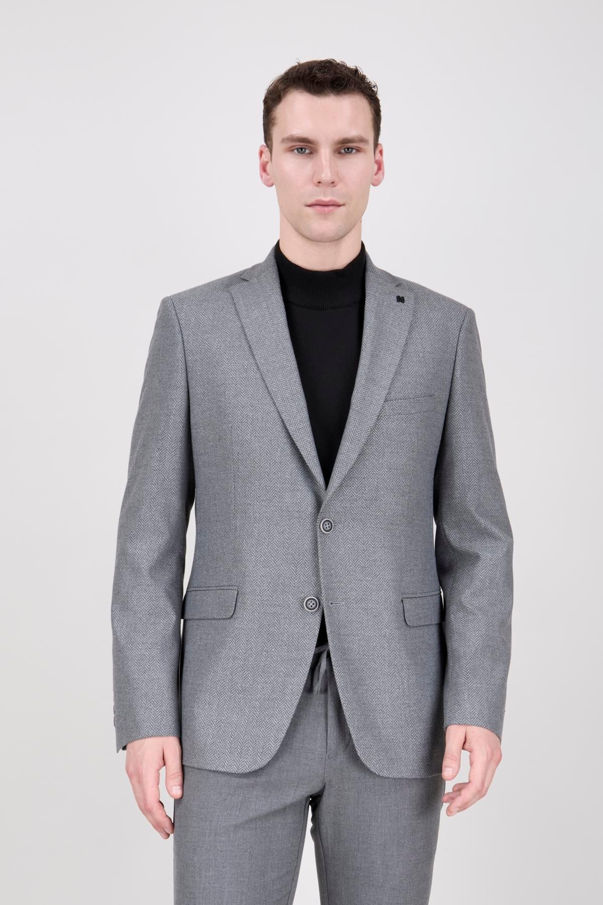 Erkek Slim Fit Mono Yaka Balık Sırtı Açık Gri Ceket