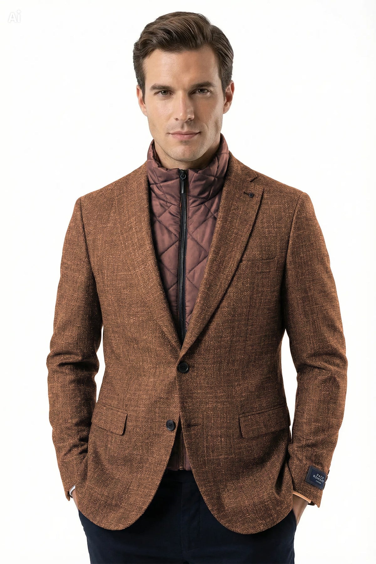 Erkek Slim Fit Mono Yaka Çıkarılabilir Kapitone Astarlı Açık Kahverengi Ceket