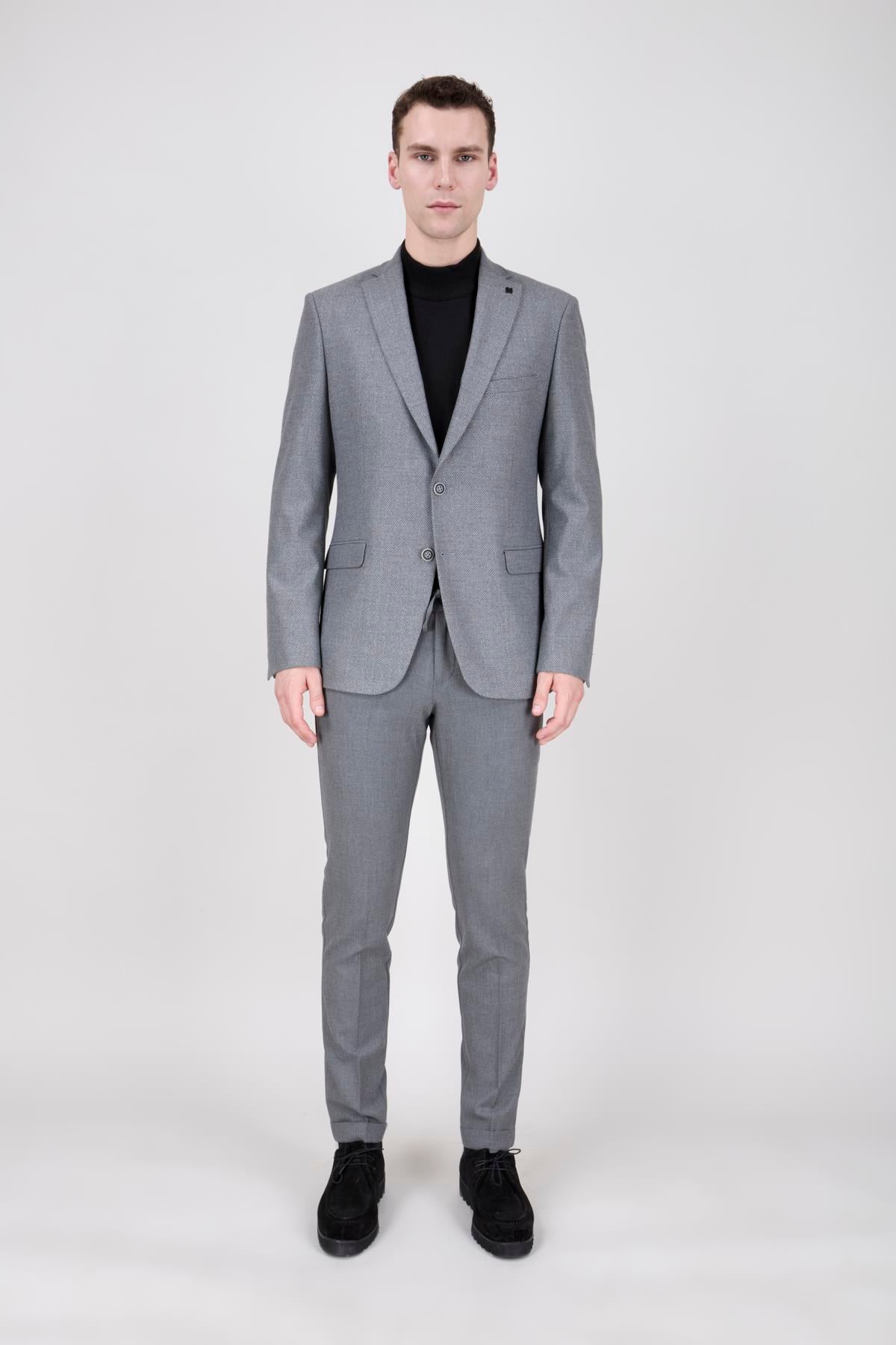 Erkek Slim Fit Mono Yaka Balık Sırtı Açık Gri Ceket