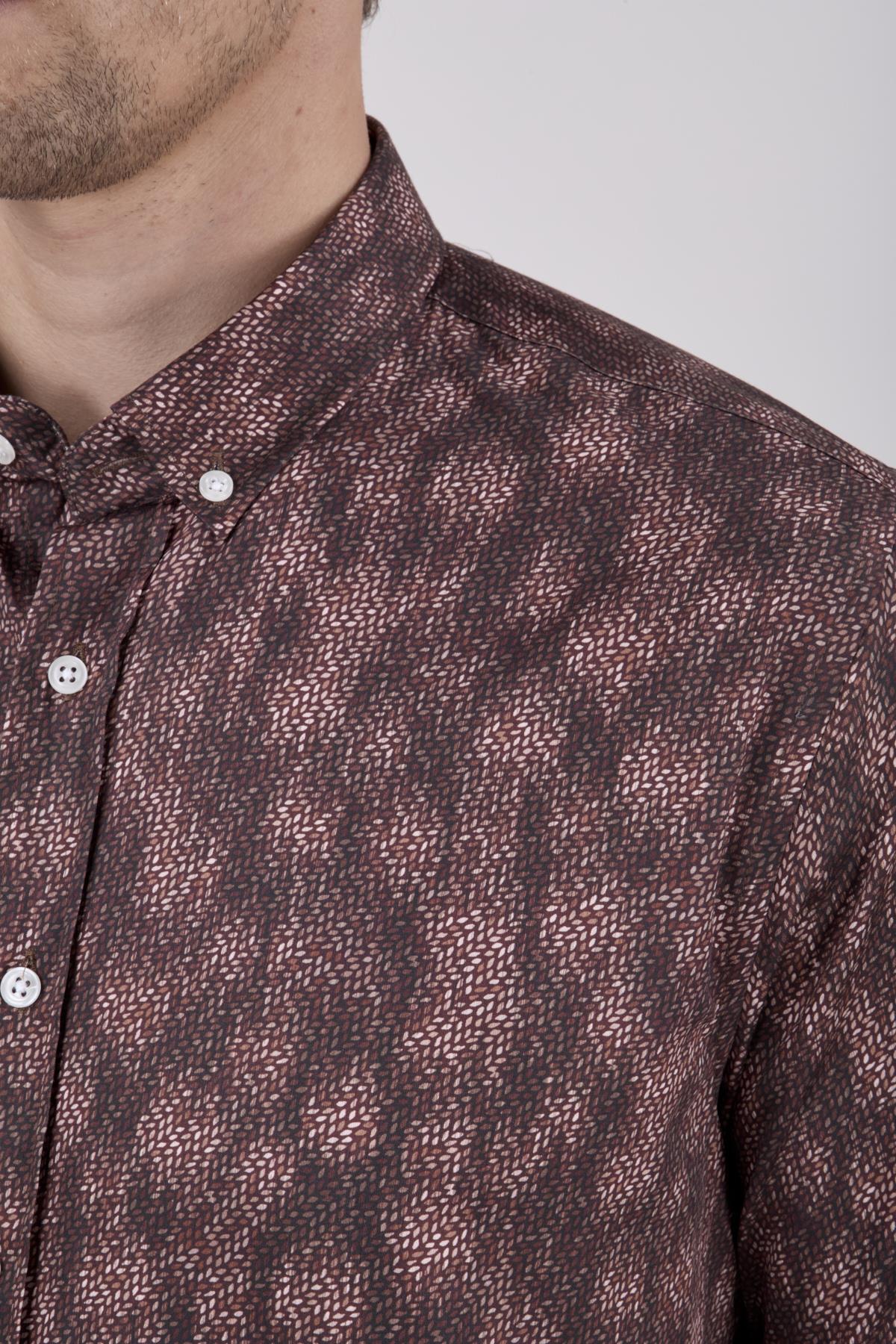 Erkek Slim Fit Desenli Kahverengi Gömlek