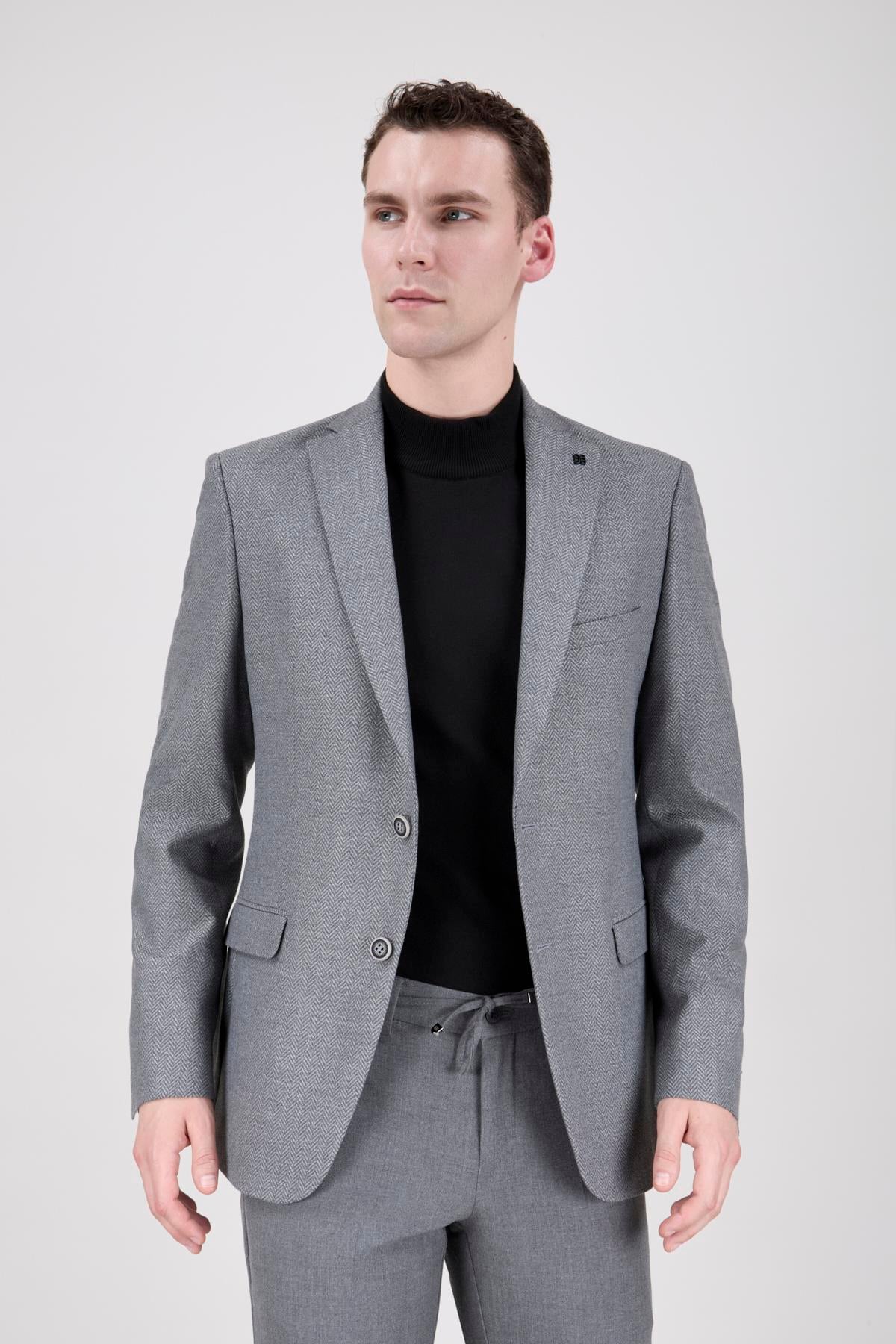 Erkek Slim Fit Mono Yaka Balık Sırtı Açık Gri Ceket