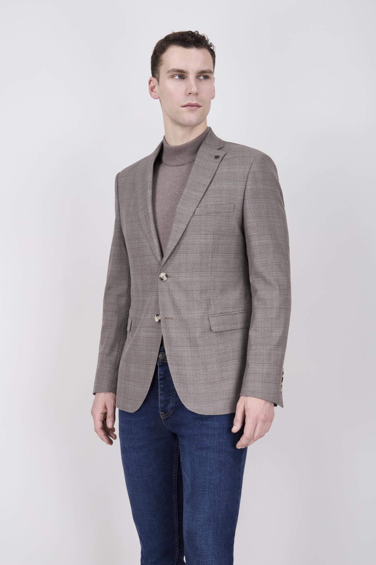 Erkek Slim Fit Mono Yaka Ekose Açık Kahverengi Ceket