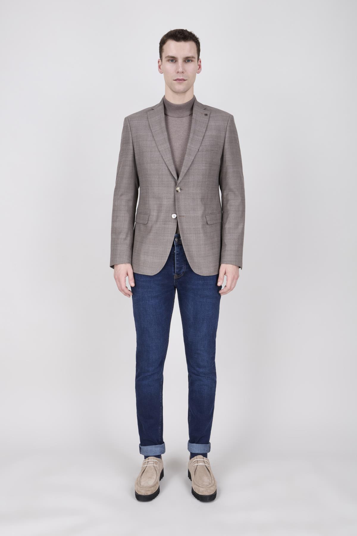 Erkek Slim Fit Mono Yaka Ekose Açık Kahverengi Ceket