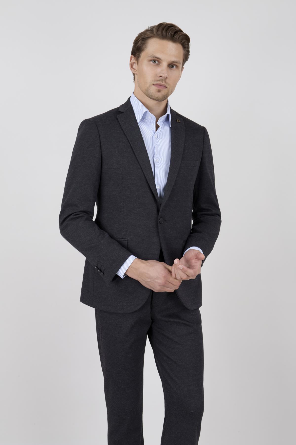 Erkek Slim Fit Mono Yaka Antrasit Yarım Astar Takım Elbise