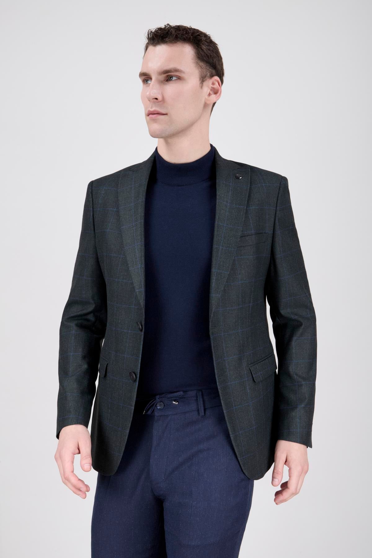 Erkek Slim Fit Sivri Yaka Antrasit Ceket