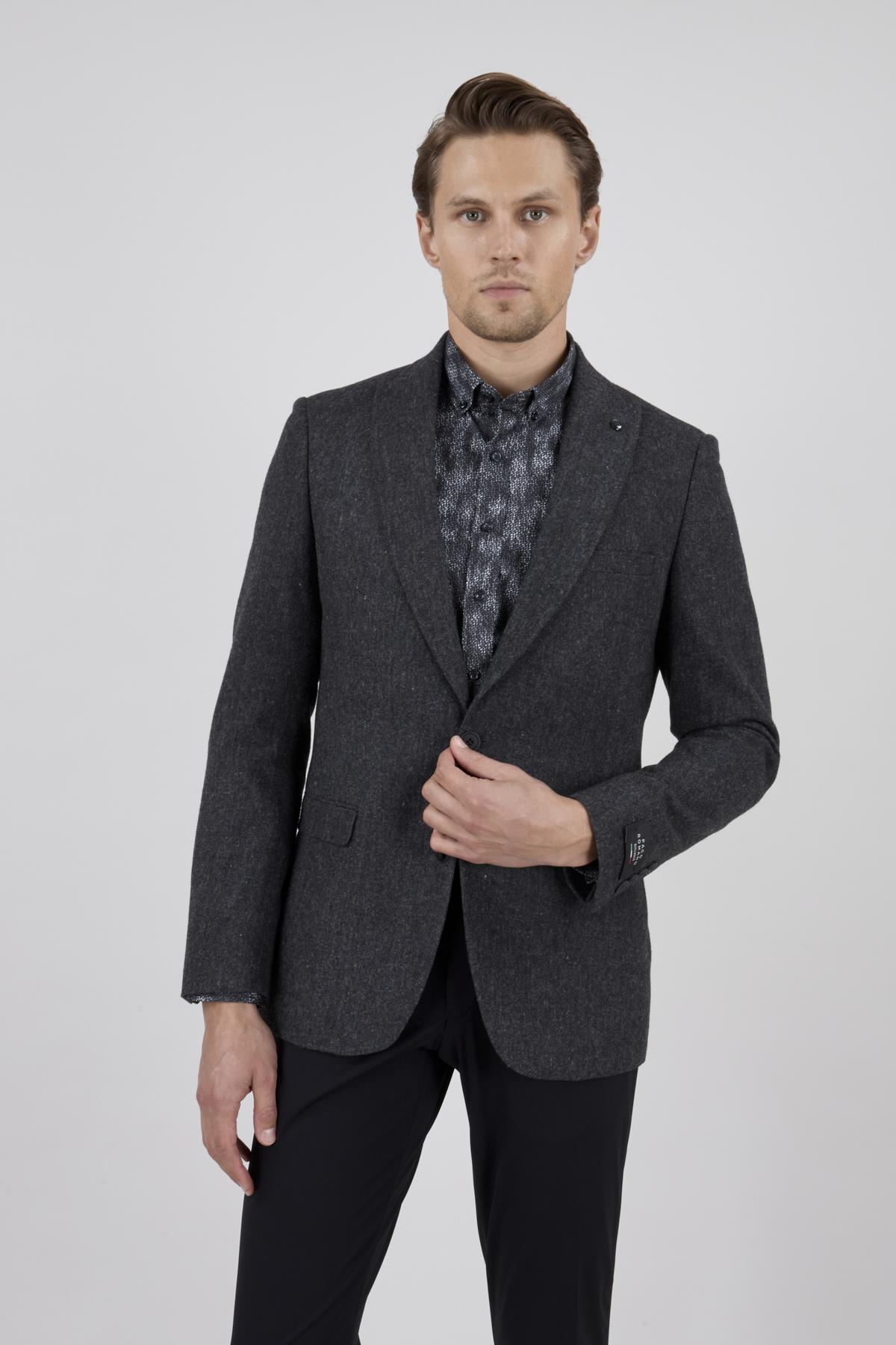 Erkek Slim Fit Mono Yaka Ekose Antrasit Ekose Ceket