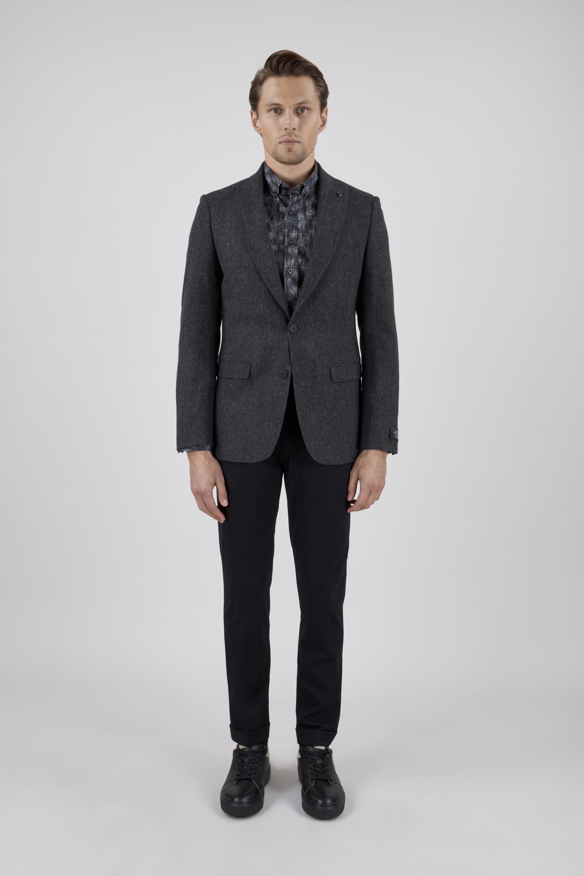 Erkek Slim Fit Mono Yaka Ekose Antrasit Ekose Ceket