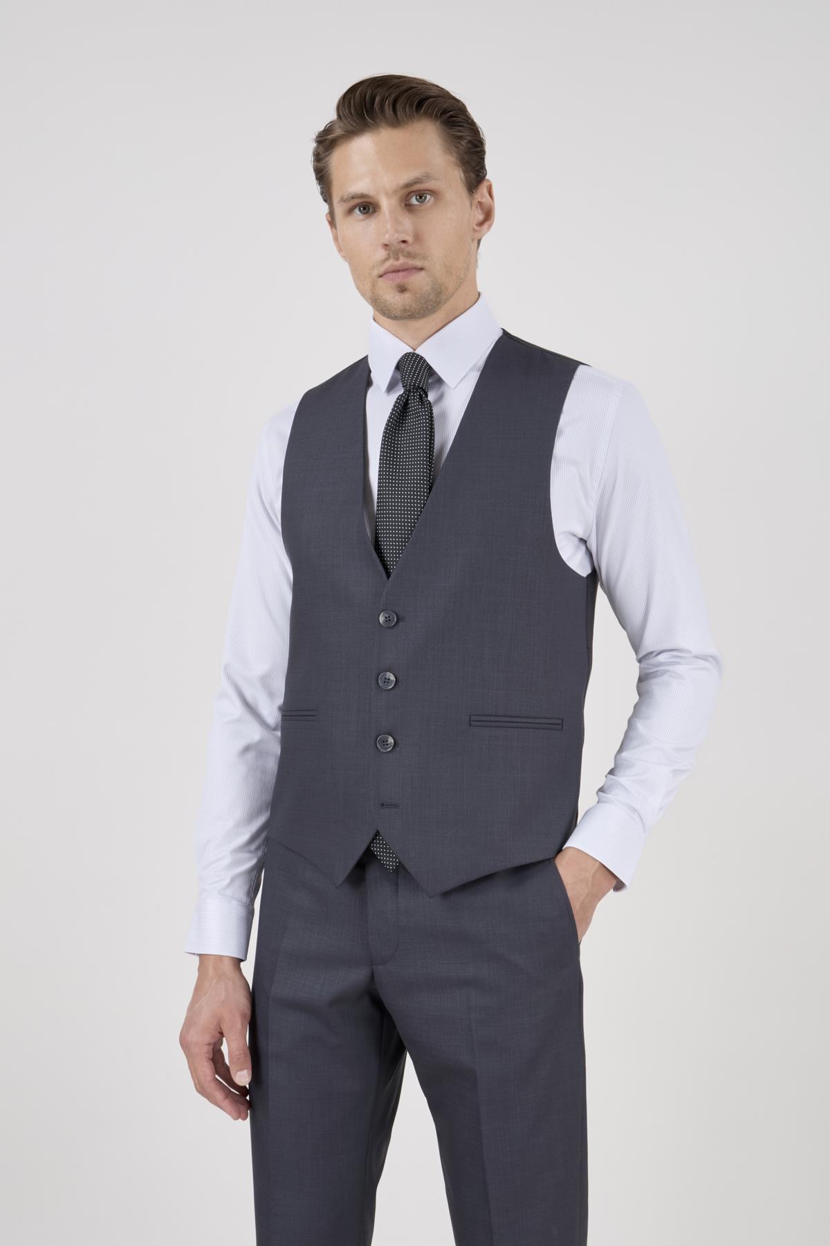 Erkek Slim Fit Sivri Yaka Antrasit Yelekli Takım Elbise