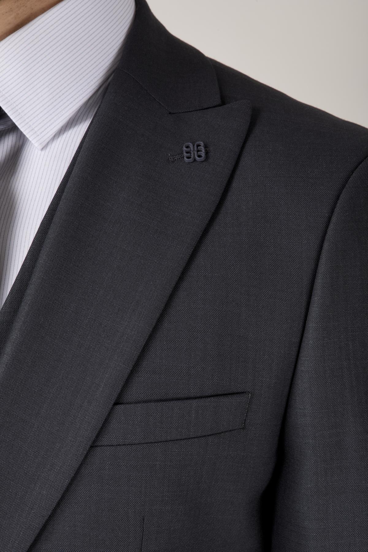 Erkek Slim Fit Sivri Yaka Antrasit Yelekli Takım Elbise
