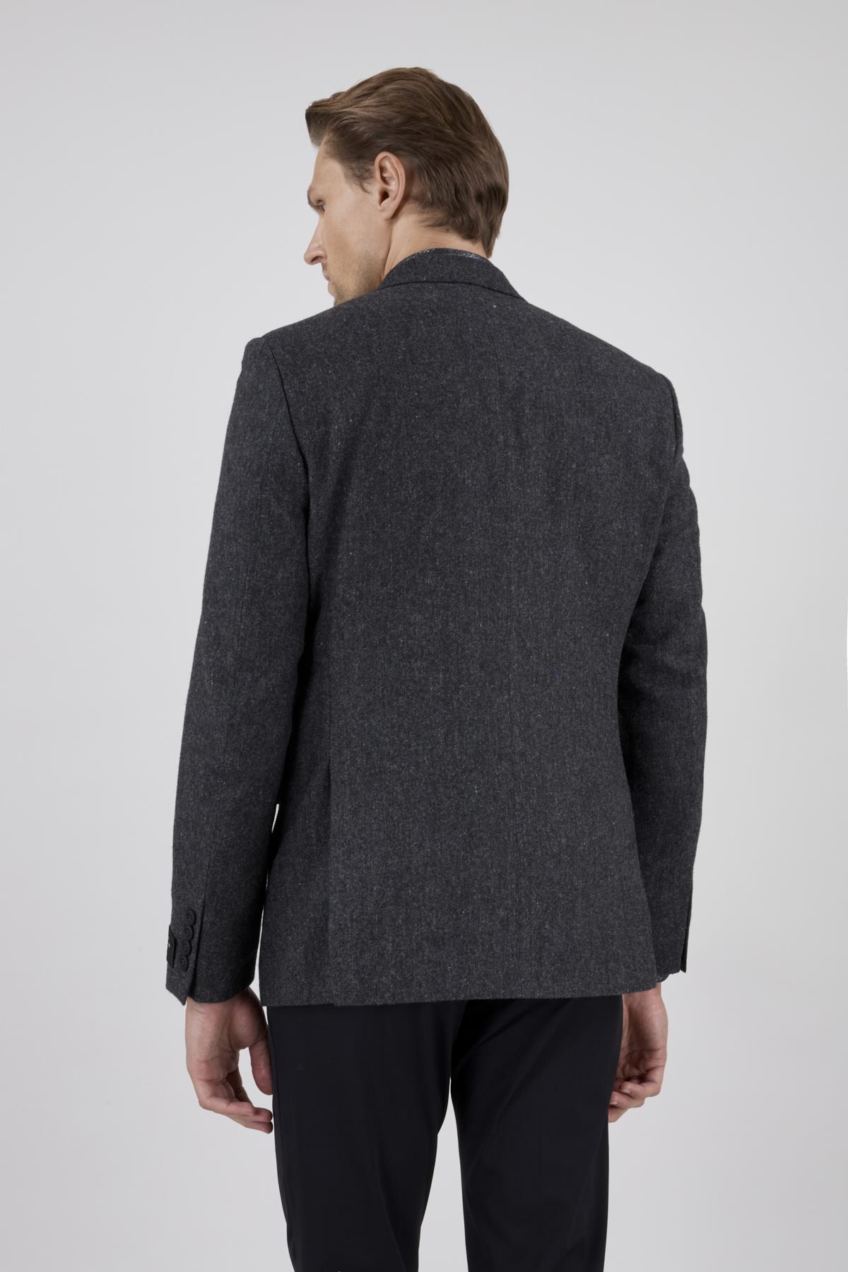 Erkek Slim Fit Mono Yaka Ekose Antrasit Ekose Ceket