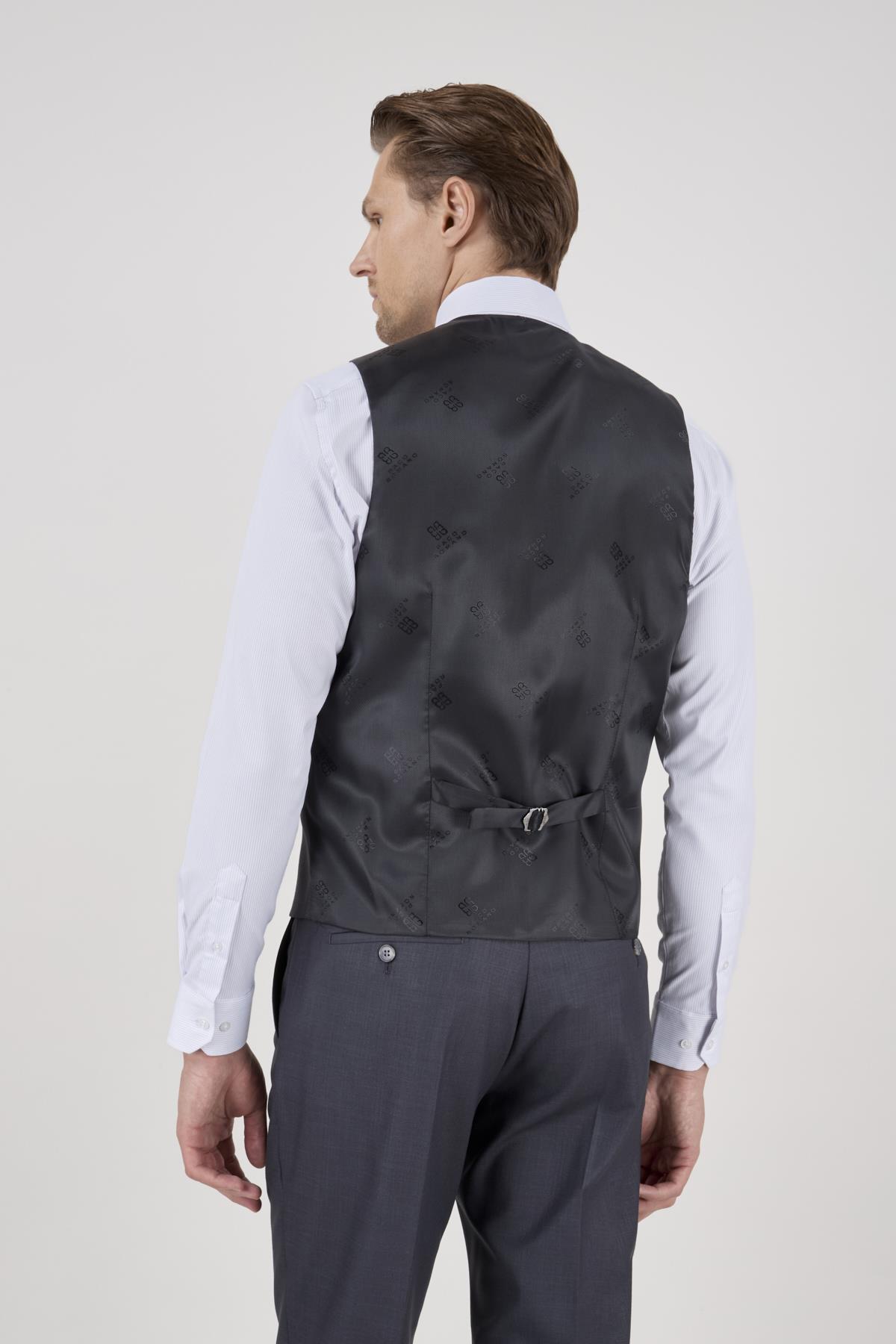 Erkek Slim Fit Sivri Yaka Antrasit Yelekli Takım Elbise