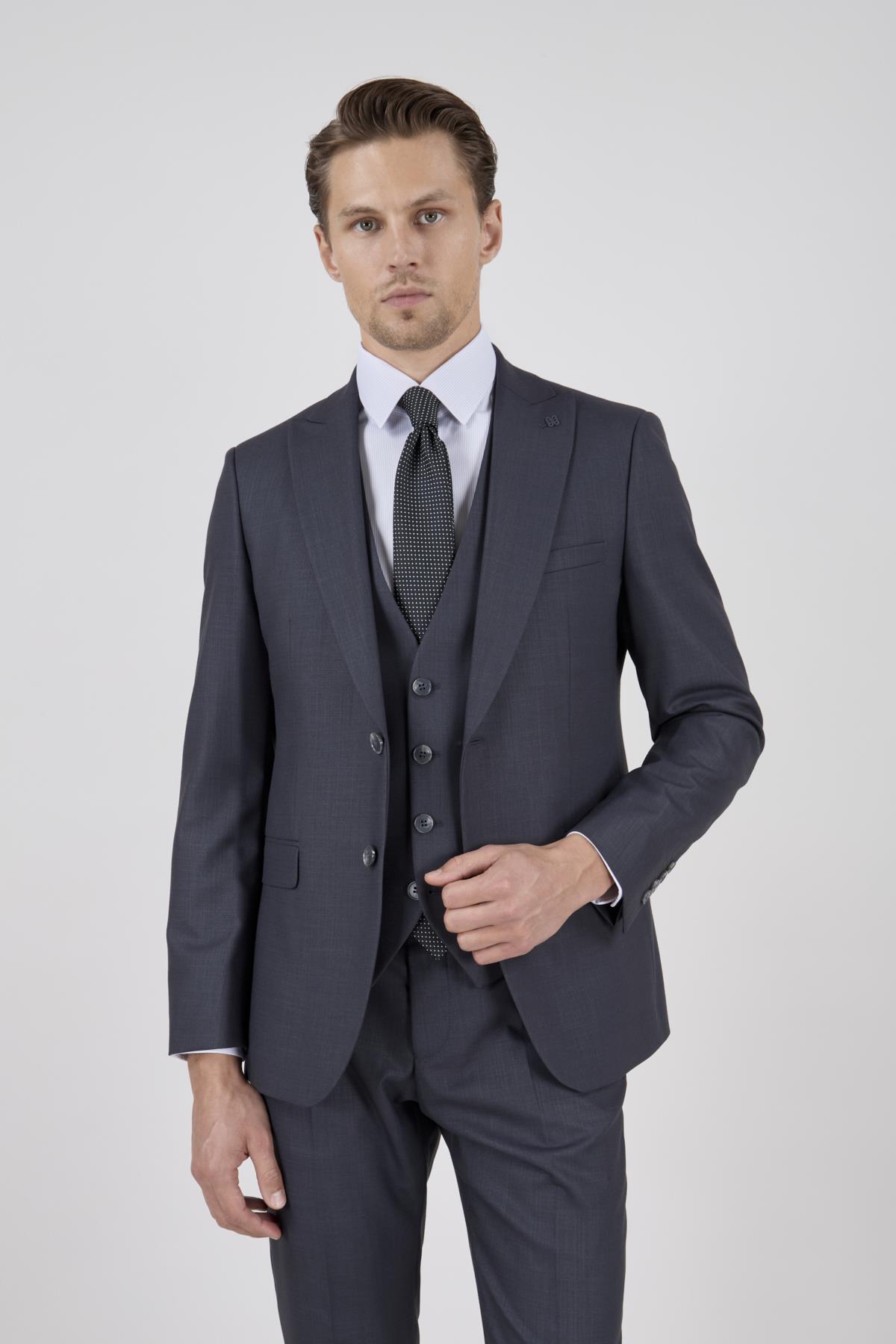 Erkek Slim Fit Sivri Yaka Antrasit Yelekli Takım Elbise