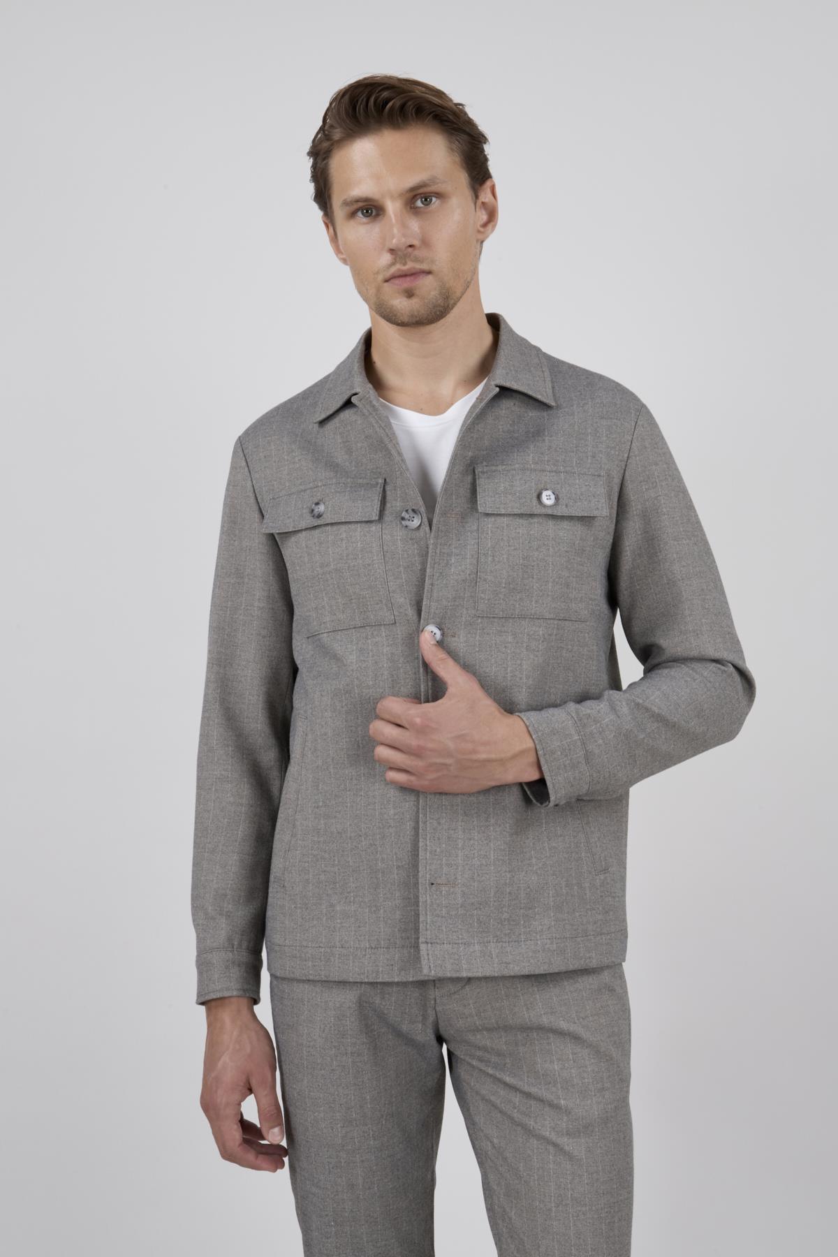 Erkek Slim Fit Bej Renk Gömlek Ceket Kapak Cepli Spor Alt Üst Takım