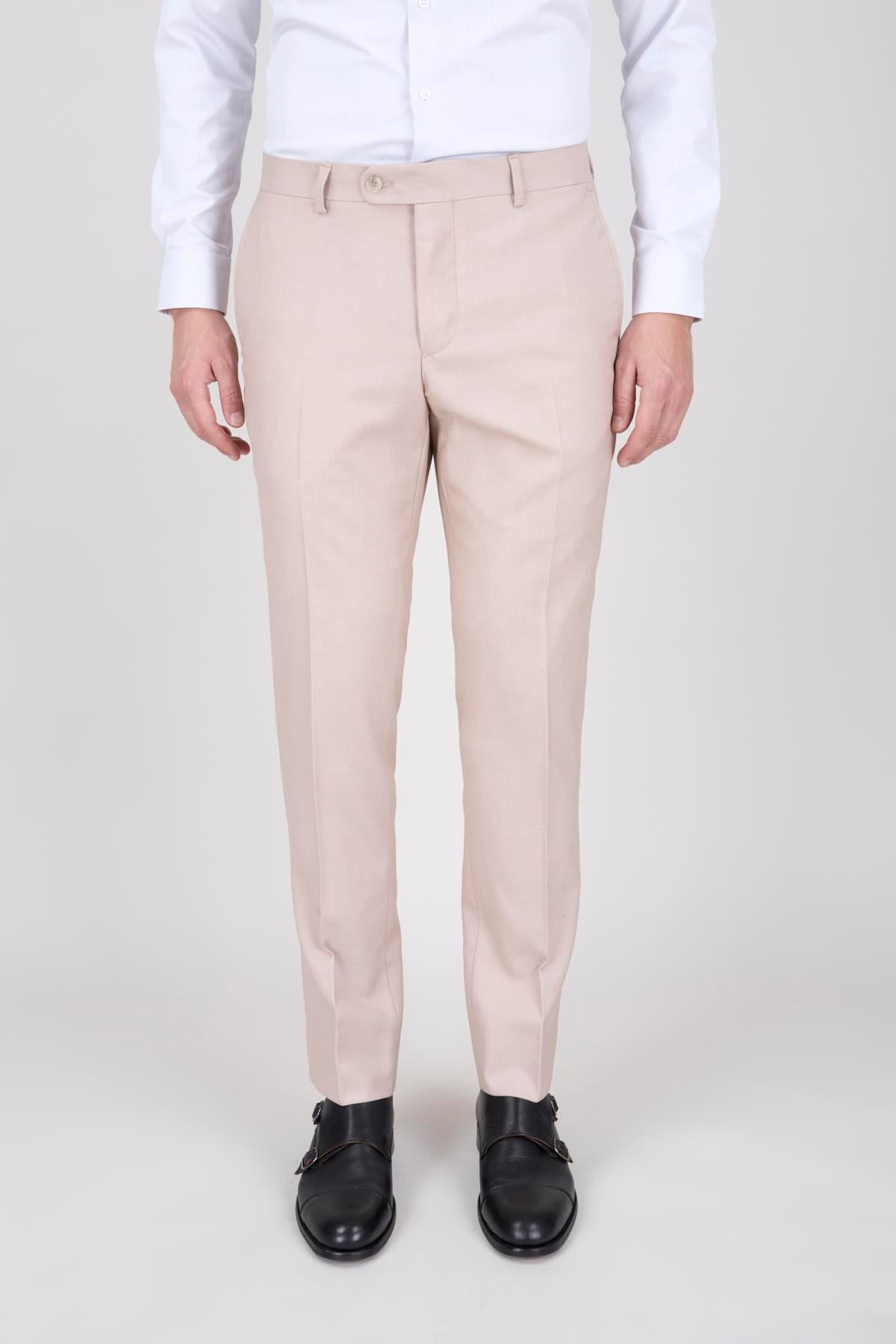 Erkek Slim Fit Sivri Yaka Bej Yelekli Takım Elbise