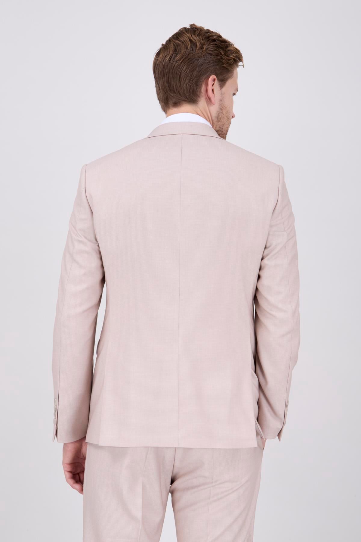 Erkek Slim Fit Sivri Yaka Bej Yelekli Takım Elbise