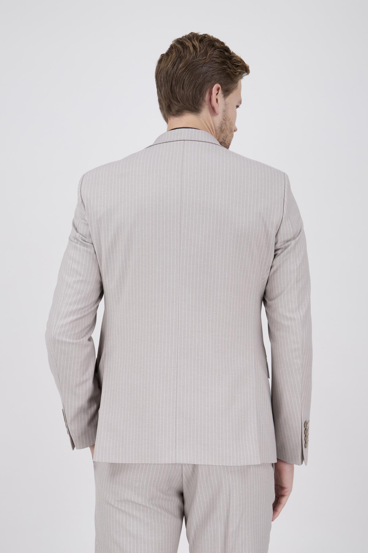 Erkek Slim Fit Sivri Yaka Bej Yelekli Takım Elbise