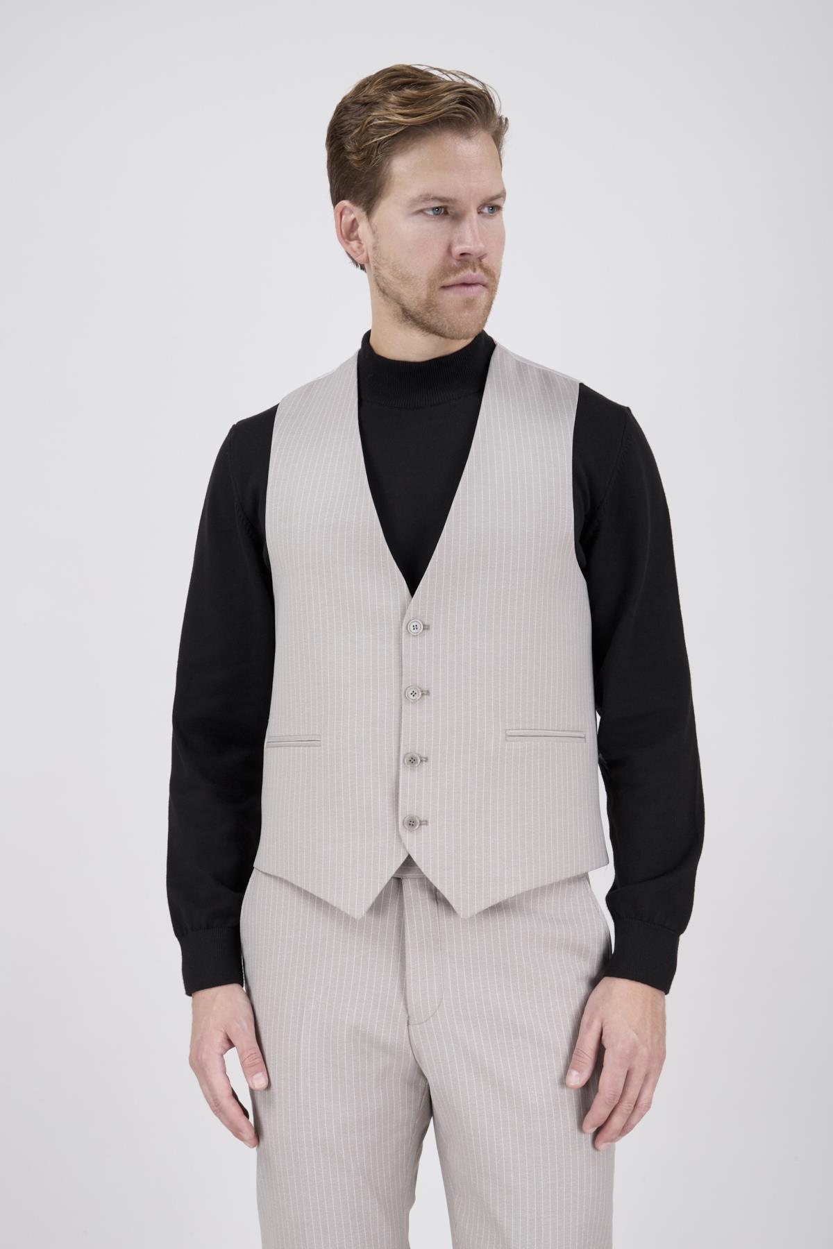 Erkek Slim Fit Sivri Yaka Bej Yelekli Takım Elbise