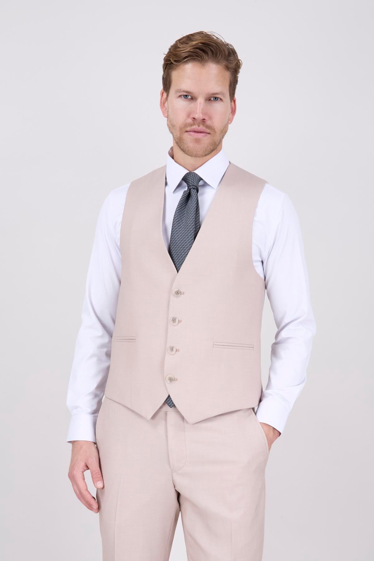 Erkek Slim Fit Sivri Yaka Bej Yelekli Takım Elbise