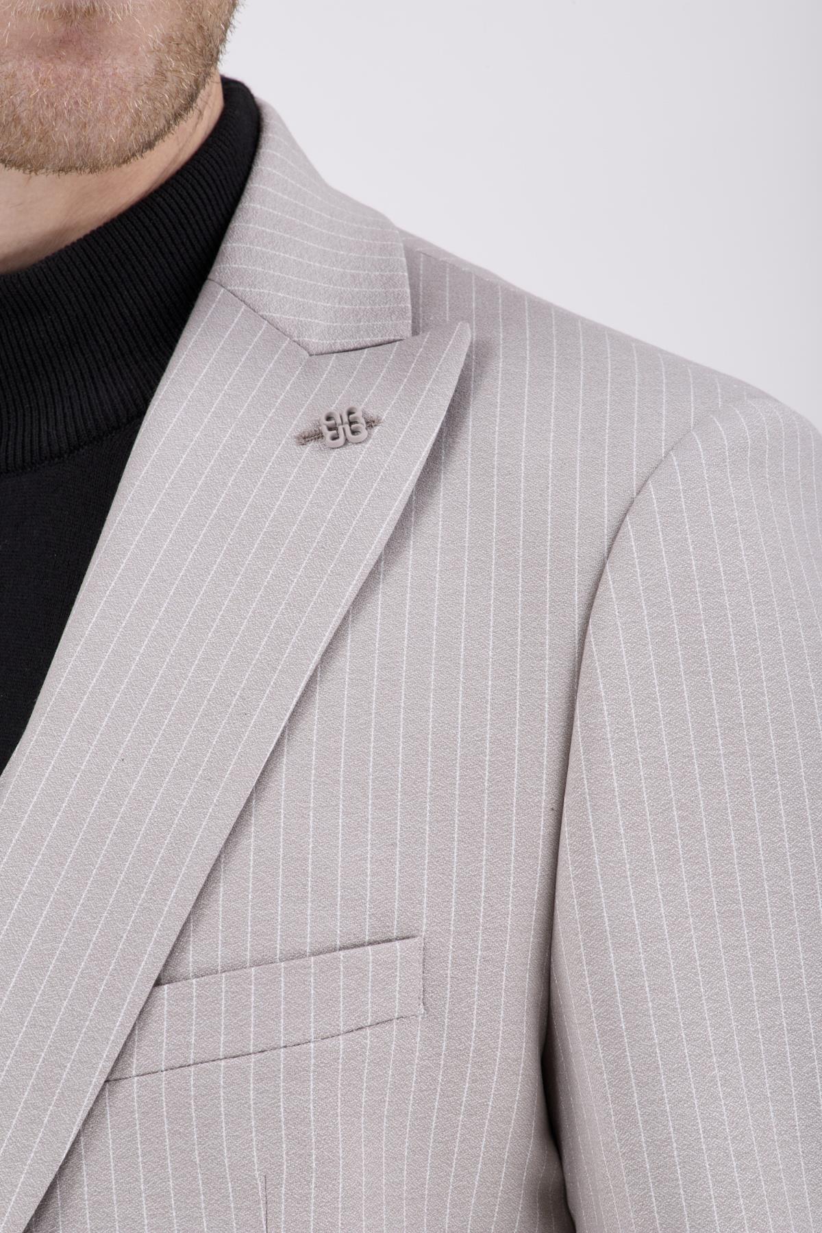 Erkek Slim Fit Sivri Yaka Bej Yelekli Takım Elbise