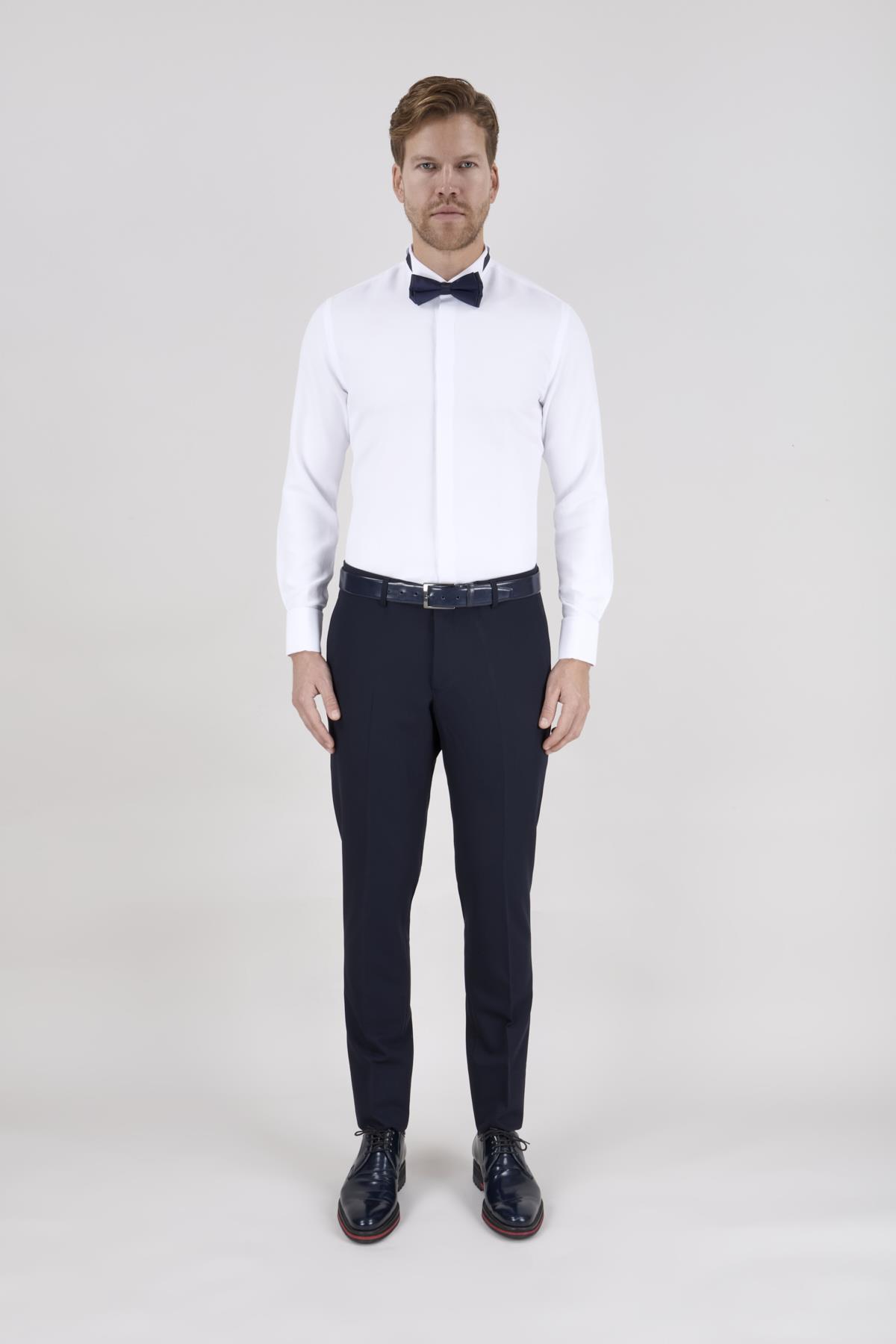 Erkek Slim Fit Ata Yaka Duble Manşet Gizli Pat Beyaz Gömlek