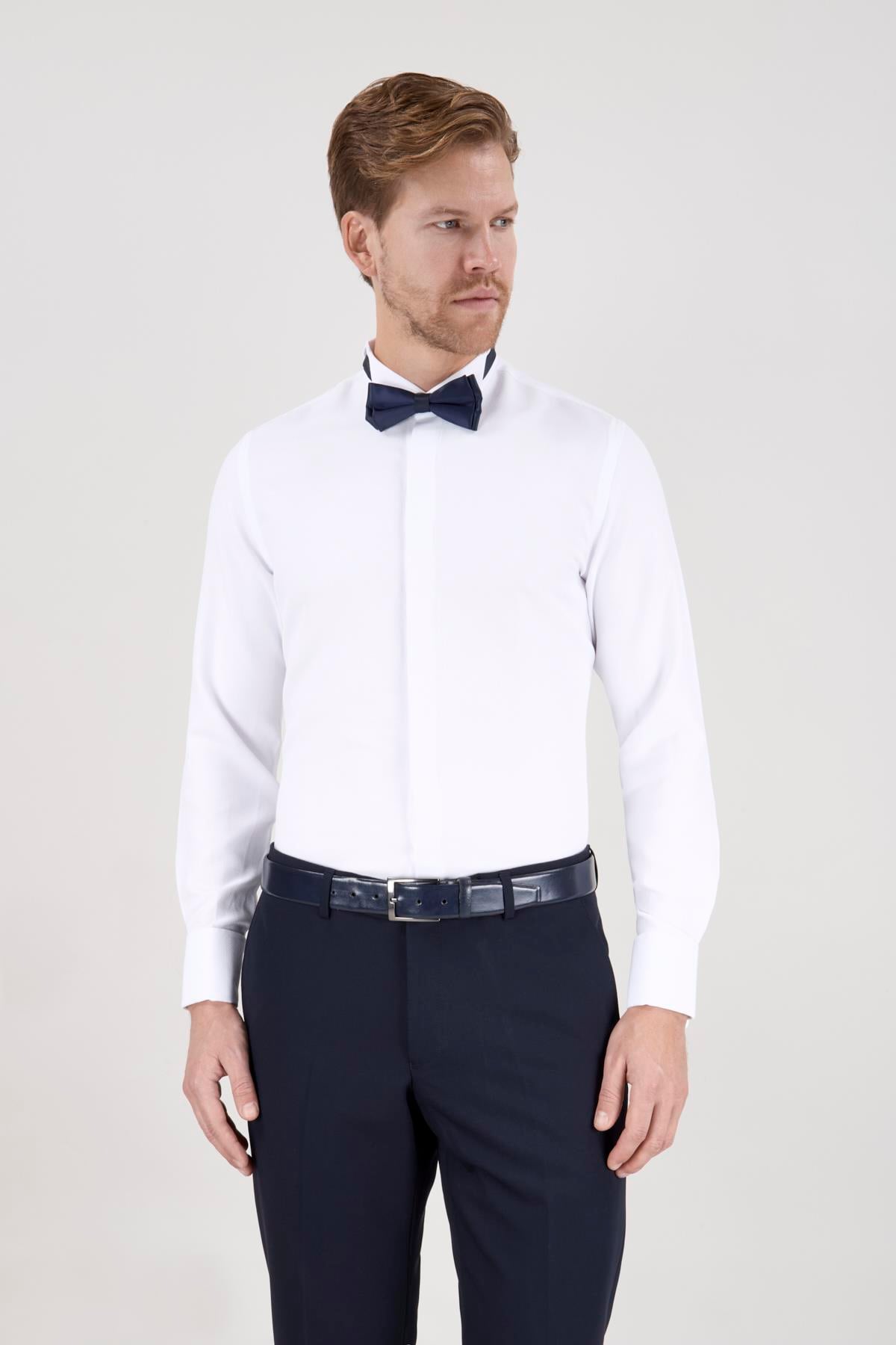 Erkek Slim Fit Ata Yaka Duble Manşet Gizli Pat Beyaz Gömlek