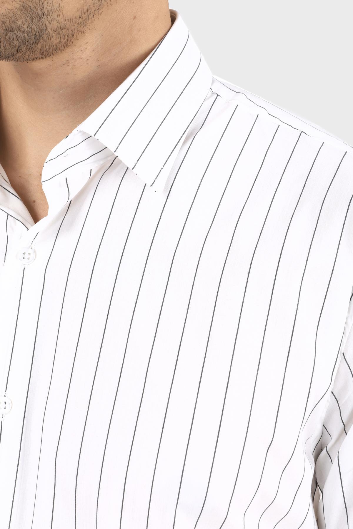 Erkek Slim Fit Çizgili Beyaz Gömlek