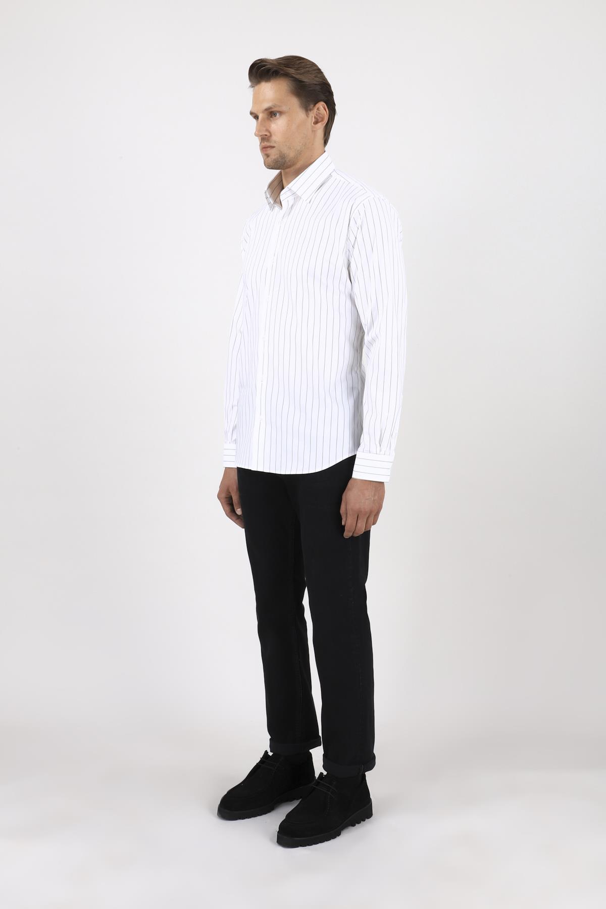 Erkek Slim Fit Çizgili Beyaz Gömlek