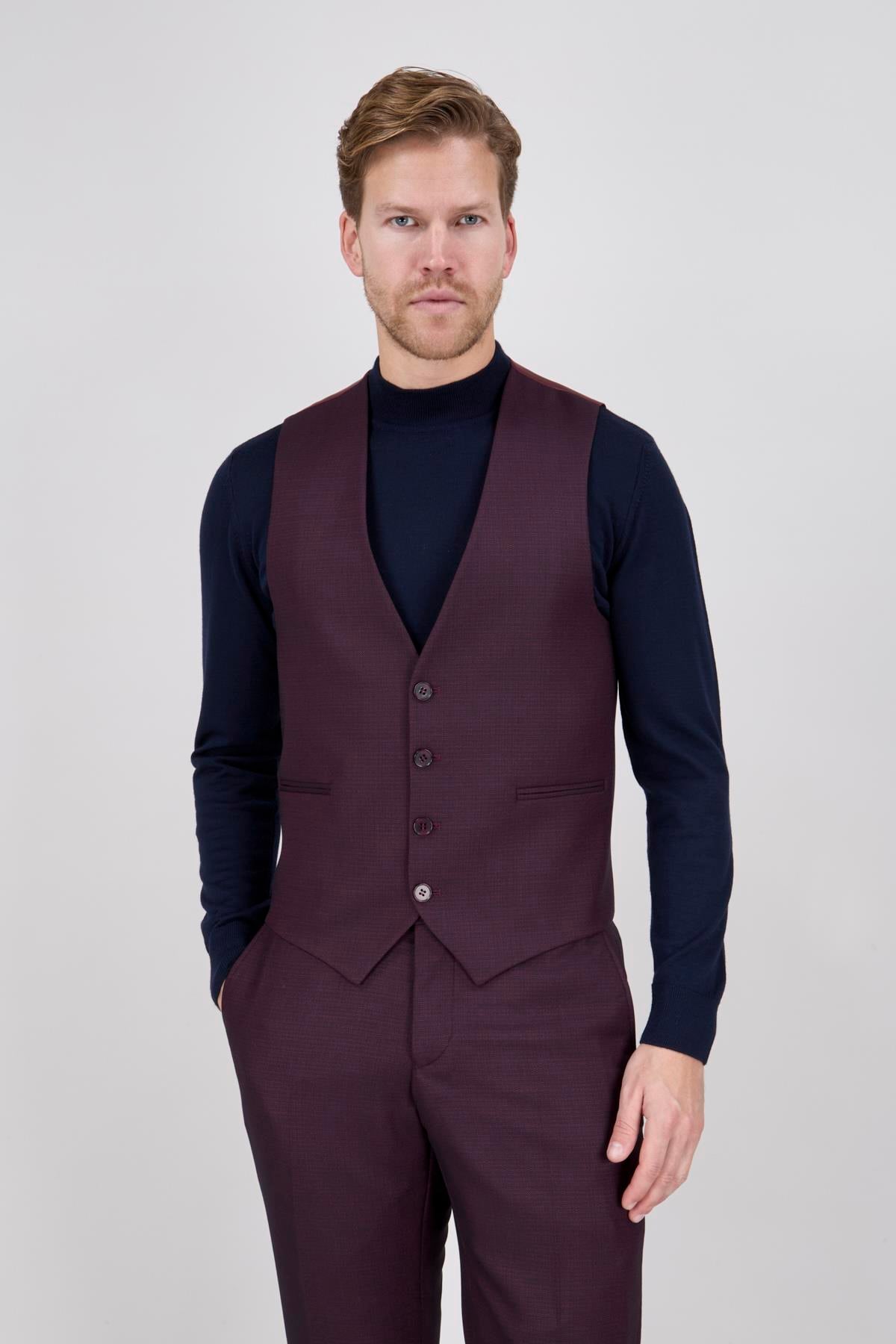 Erkek Slim Fit Sivri Yaka Bordo Yelekli Takım Elbise