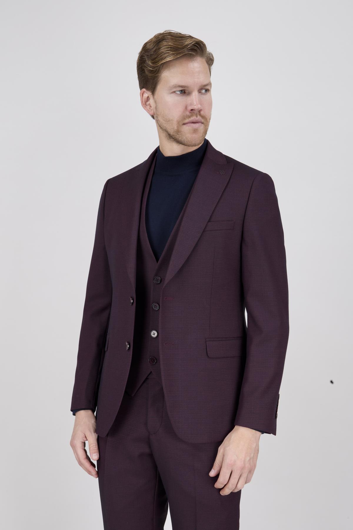Erkek Slim Fit Sivri Yaka Bordo Yelekli Takım Elbise