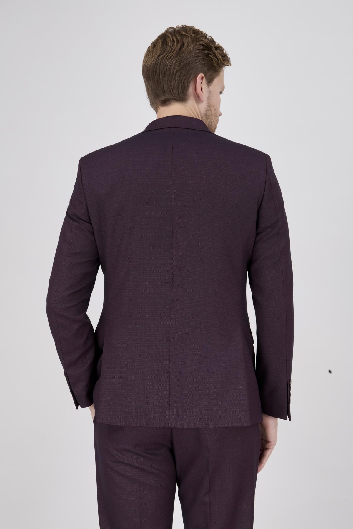 Erkek Slim Fit Sivri Yaka Bordo Yelekli Takım Elbise