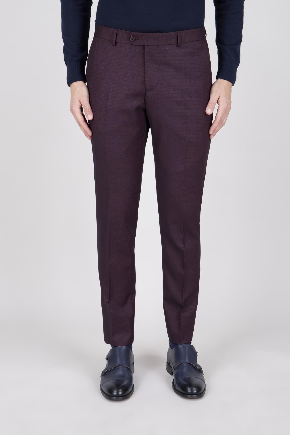 Erkek Slim Fit Sivri Yaka Bordo Yelekli Takım Elbise