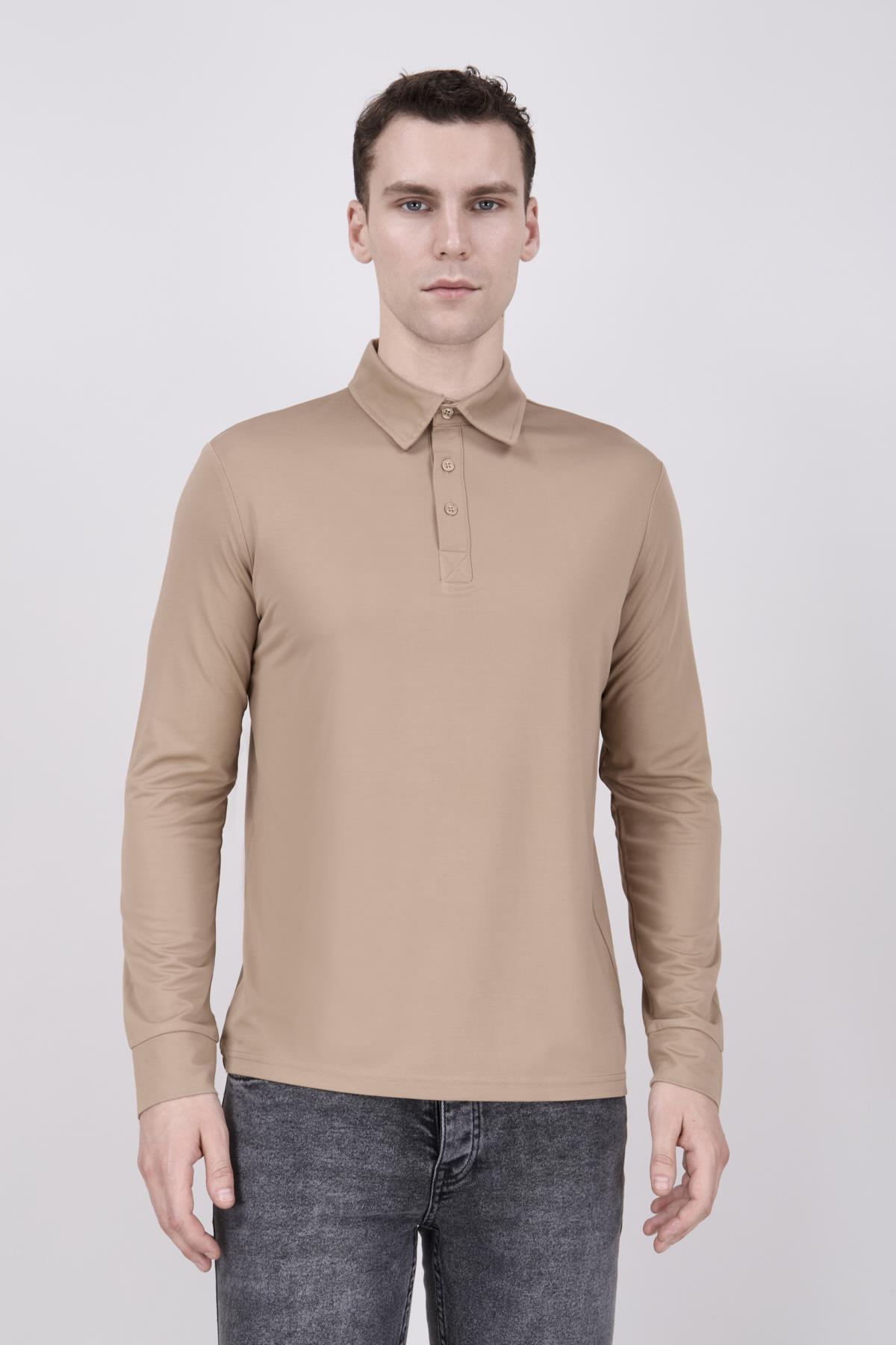 Erkek Uzun Kol Camel Polo Yaka Tişört