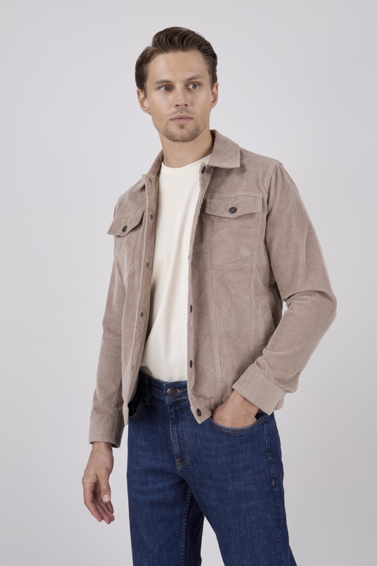 Erkek Bej Kadife Casual Mont