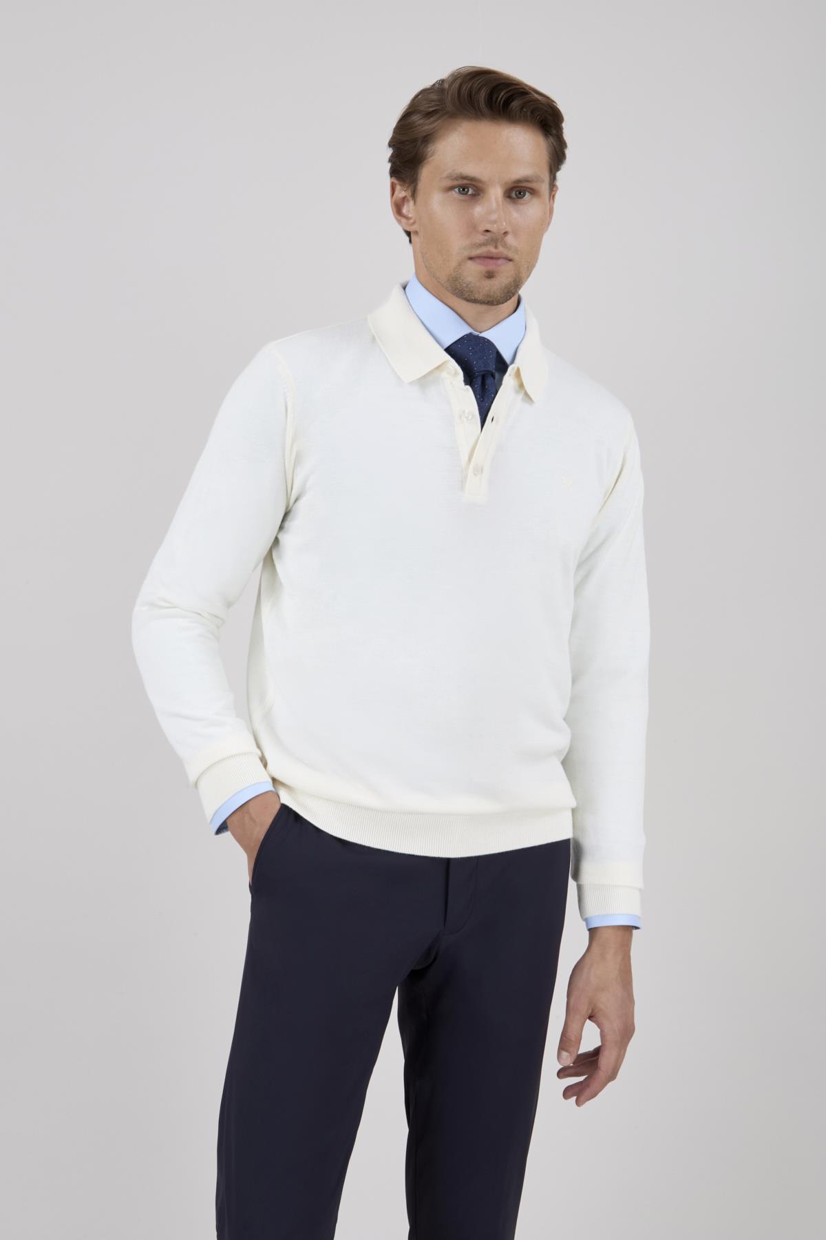 Erkek Ekru Polo Yaka Triko Kazak