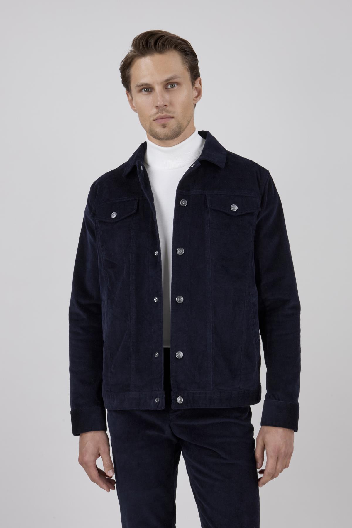 Erkek Lacivert Kadife Casual Mont