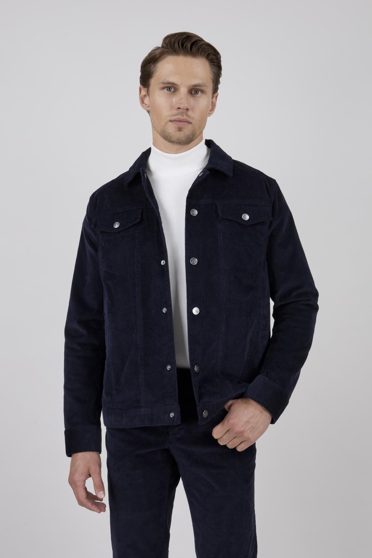 Erkek Lacivert Kadife Casual Mont