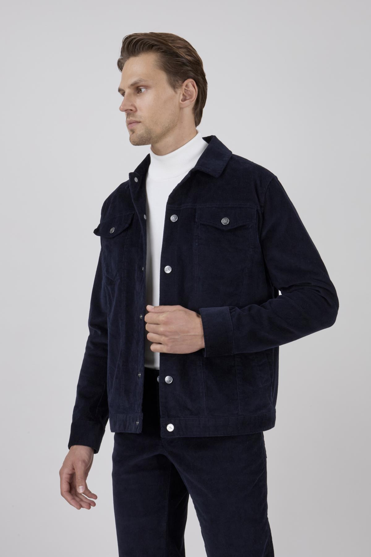 Erkek Lacivert Kadife Casual Mont
