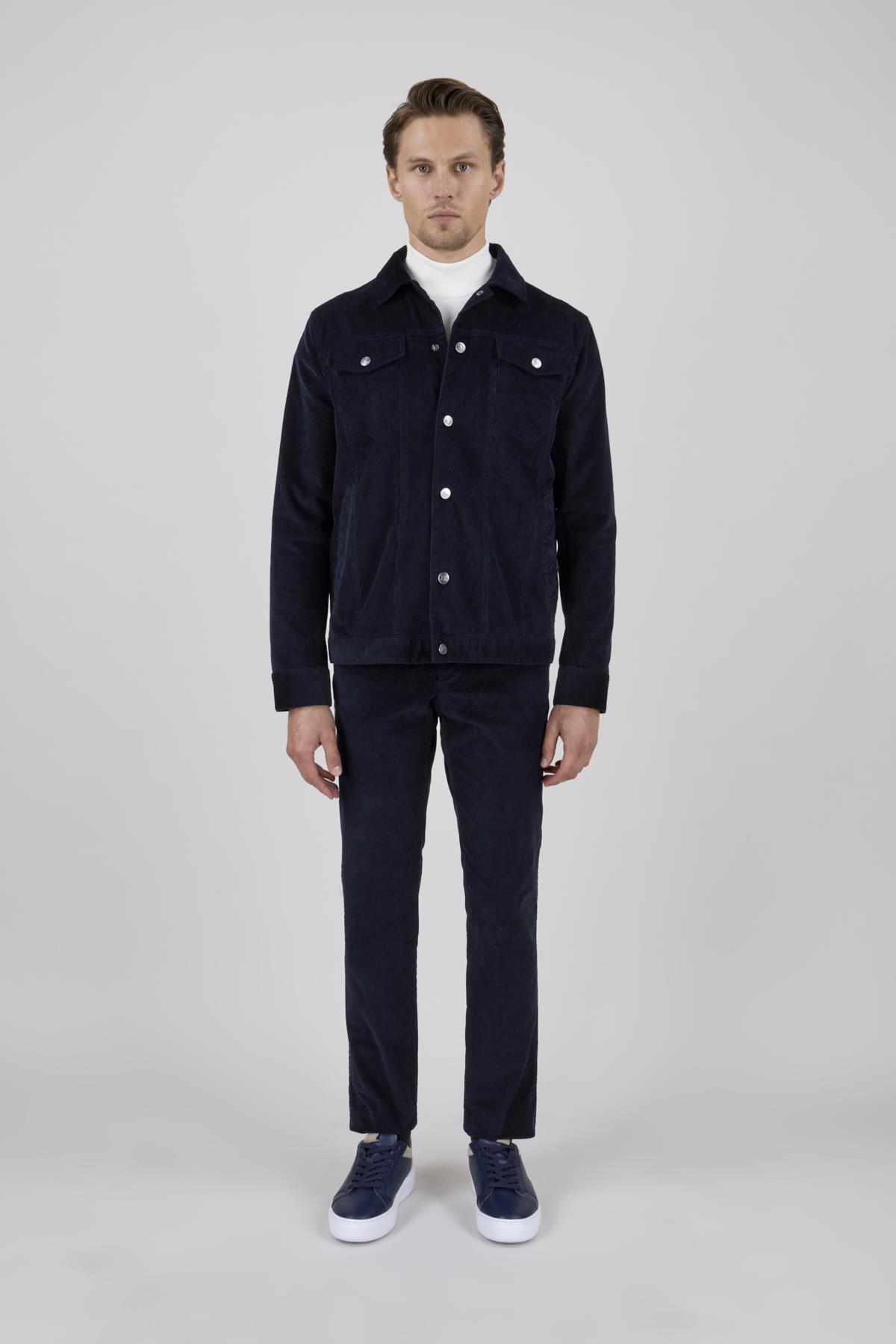 Erkek Lacivert Kadife Casual Mont