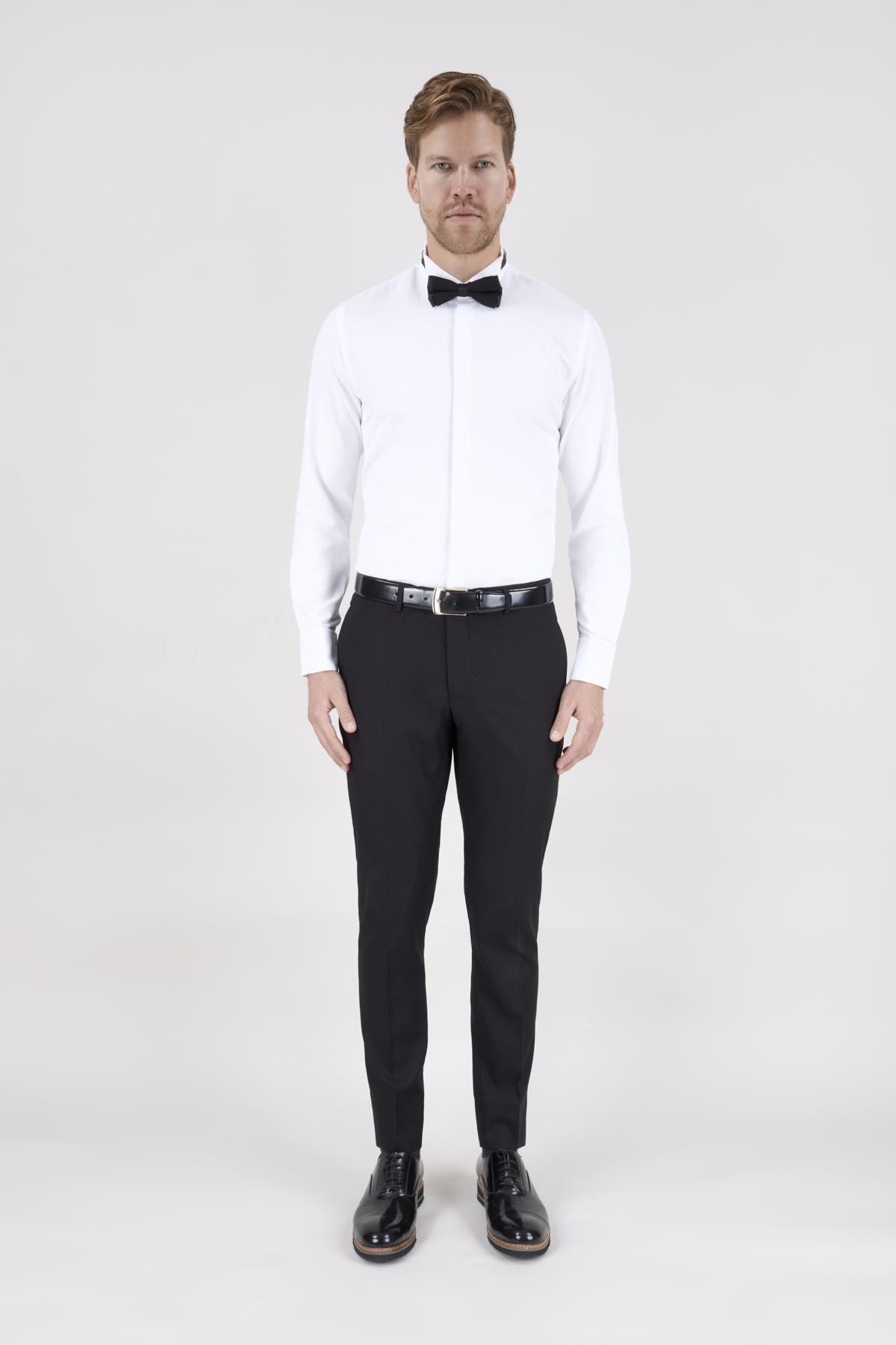 Erkek Slim Fit Ata Yaka Duble Manşet Gizli Pat Armürlü Beyaz Gömlek