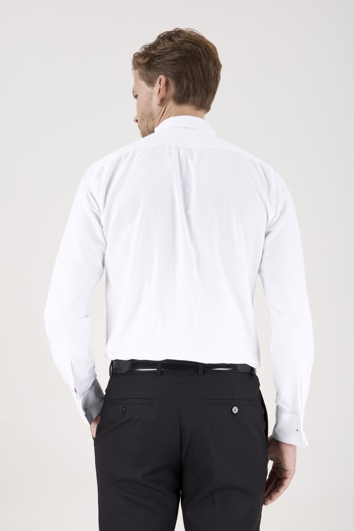 Erkek Slim Fit Ata Yaka Duble Manşet Gizli Pat Armürlü Beyaz Gömlek