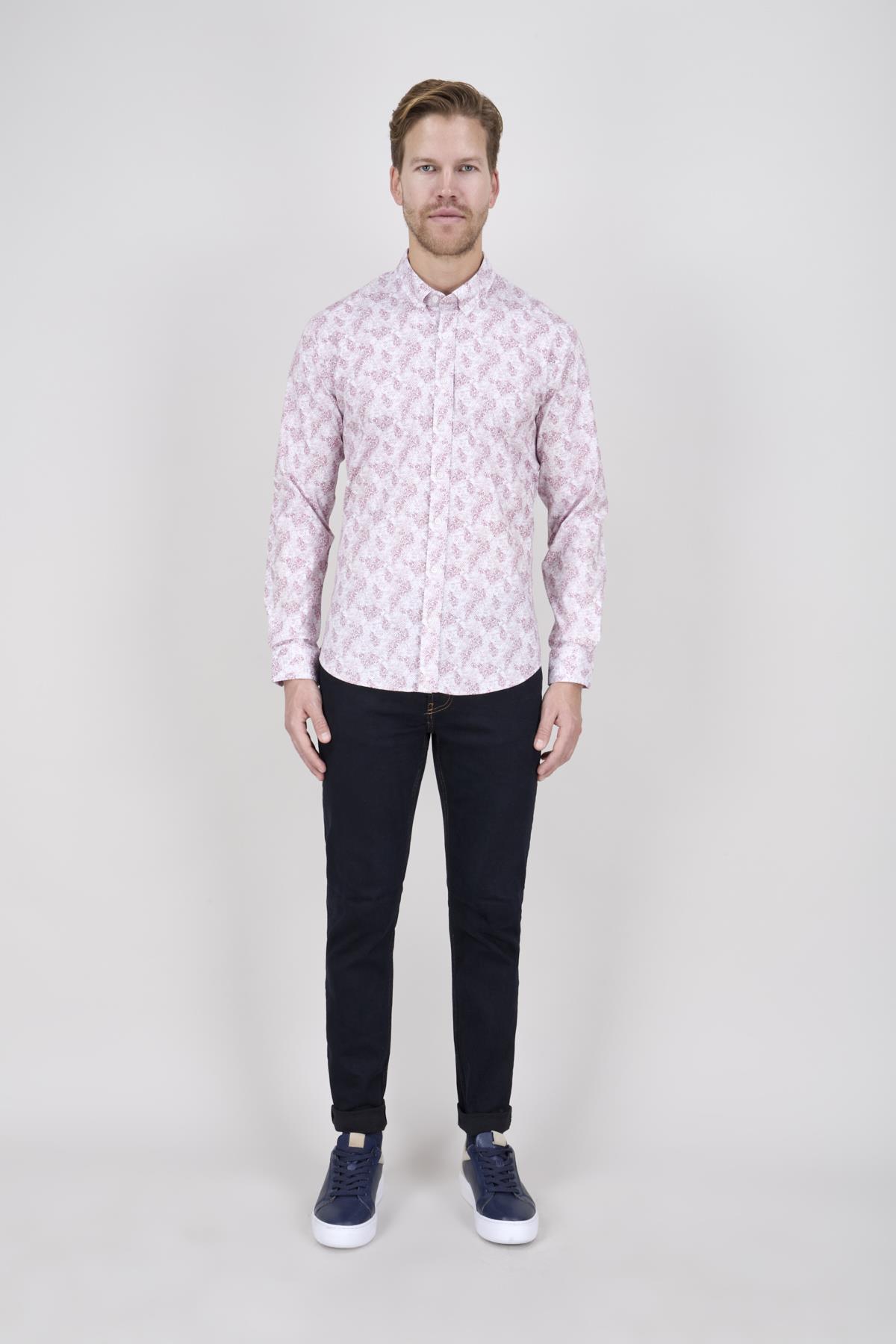 Erkek Slim Fit Beyaz Bordo Desenli Gömlek